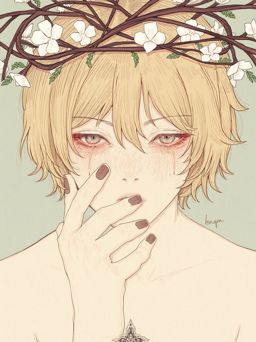 The image is a detailed digital drawing in a fantasy art style. The subject is a humanoid figure with androgynous features, depicted in a surreal, almost ethereal manner. The figure has short, tousled hair with a golden hue, adorned with a delicate, intricate crown made of twigs and leaves. The crown is adorned with white flowers, adding a touch of natural beauty. The figure's eyes are large and expressive, with a melancholic or contemplative expression, and tears are visible on their cheeks, enhancing the emotional depth.