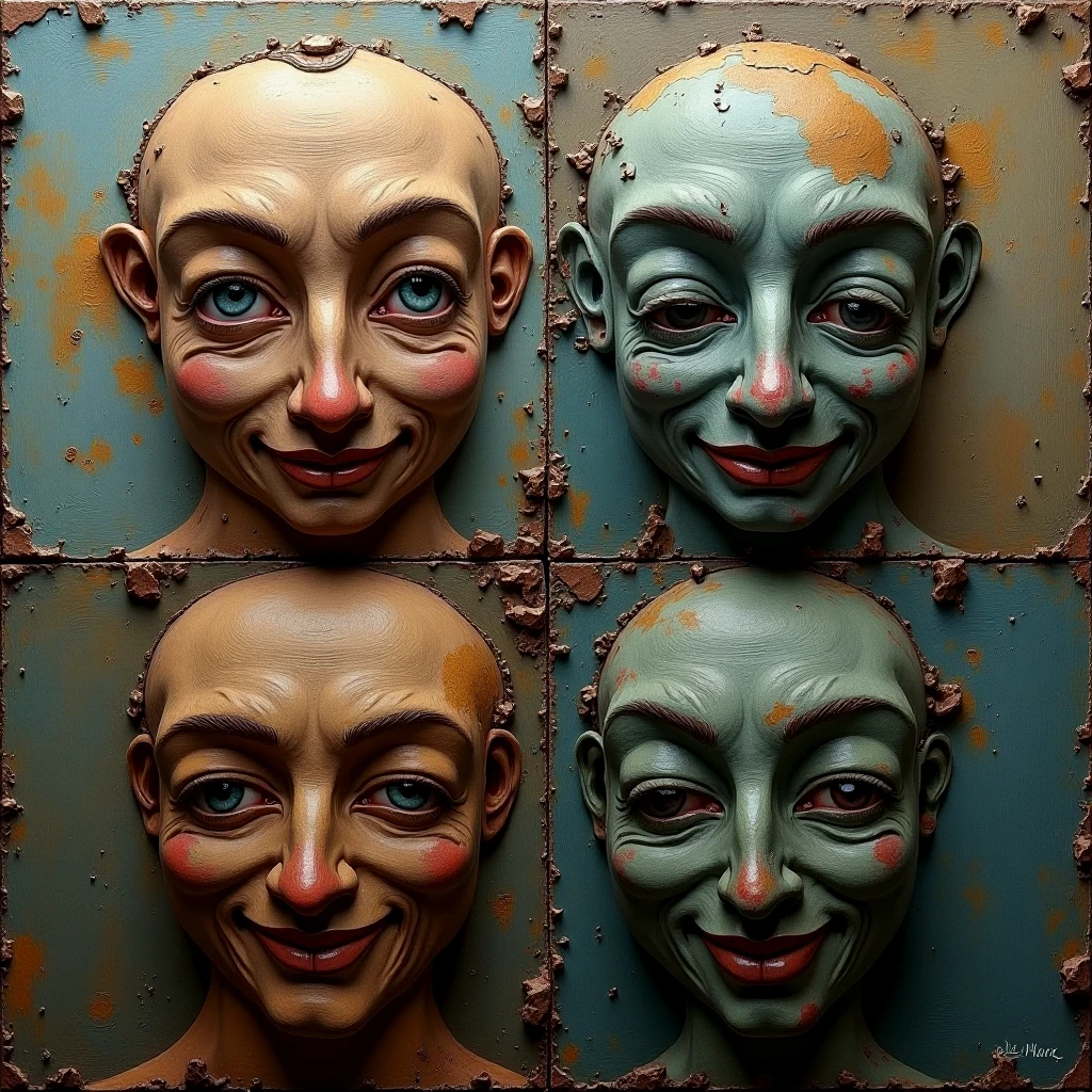 4 paintings. Archaic, antique, dusty, atmospheric.

Metal smiles. 

qdrltyCE style
