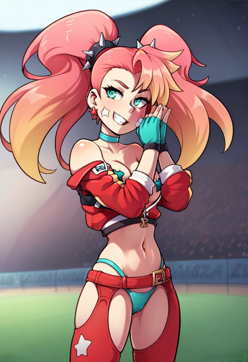 score_8_up, score_7_up, score_6_up, rating_safe, 
stadium background,
Enza Zanetti, 1girl, 19 years old, green eyes, black pupils, red earrings, pink hair with yellow tips, long hair, large twintails, spiked hair cuffs, bandage on right cheek, choker, turquoise choker, star shaped nipple patches, turquoise nipple patches, big nipple patches, breasts, midriff, red jacket with yellow stripe, sleeves rolled, big white jacket collar, fingerless gloves, turquoise fingerless gloves, chaps, red chaps, red belt, turquoise thong, 
shirtless, pointy chin,
standing alone,
smiling, teeth, serious, standing, arms spread, hands forward,
Expressiveh, ump9 _(girls' frontline_), Fixhand