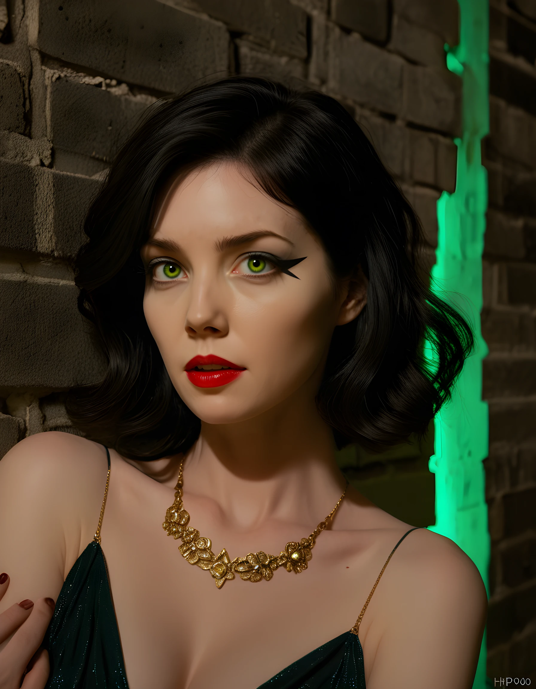 In a noir-inspired scene, H4RP0N3S, a woman with raven-black hair cascading in loose waves over her shoulders and adorned with intricate gold jewelry, poses seductively against the gritty brick wall of an abandoned speakeasy. Her luminous green eyes, framed by thick black eyeliner, pierce through the dimly lit room as a single beam of light from a broken neon sign illuminates her face. A delicate mole nestled beneath her left eye adds a touch of vulnerability to her enigmatic allure. The camera captures her upper body in a close-up shot, with her red lips parted ever so slightly, as if caught mid-whisper. Her dark, form-fitting dress clings to her curves, creating an air of mystery and intrigue that draws the viewer into her world.