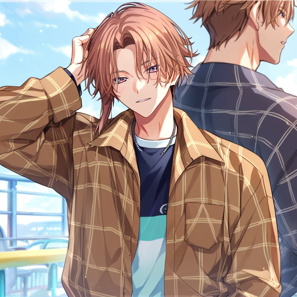 1boy, nanamegi nanaki, default costume, solo focus, plaid jacket, long sleeves, parted bangs, brown hair, score_8_up, highly_detailed