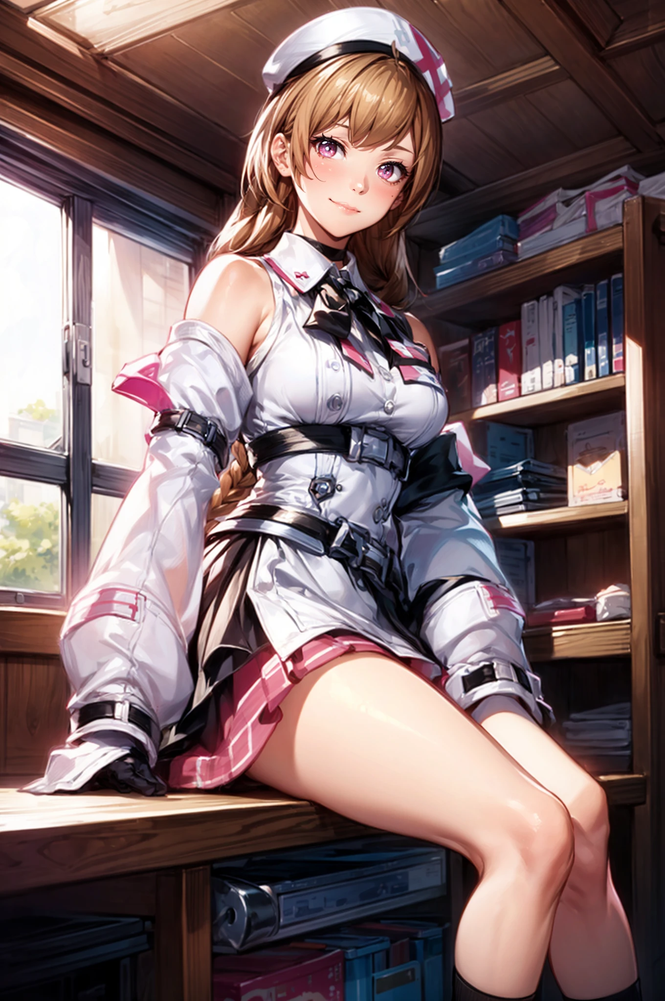 <lora:Yena_Hospital_Resident_AoV_Model_LoRA:0.8>, Yena_HPR, 1girl, solo, long hair, very long hair, braid, brown hair, hat, nurse, nurse cap, white headwear, looking at viewer, pink eyes, lips, smile, closed mouth, choker, neck ribbon, bare shoulders, dress, breasts, medium breasts, long sleeves, gloves, belt, see-through, legs, thighhighs, single thighhigh, socks, shoes, pink footwear
, hospital, computer desk, computer, medicine cabinet, medicine, basket
<lora:add_detail:1>
, ((upper body)), sitting,, best quality, ultra high res, (photorealistic:1.4), masterpiece, real life skin, hyper real