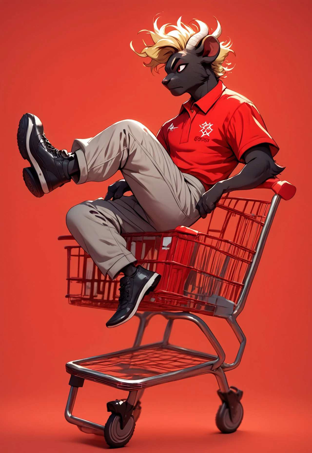 r3dsh1rtd3m0n,  A (furry male:1.3) character with (blonde hair:1.2) wearing a (red polo shirt:1.4) and (grey pants:1.3), sitting on a (chair:1.2) against a (vibrant red background:1.3), (full body:1.2) pose, (black footwear:1.2), simple background, showcasing (male focus:1.3) and (casual style:1.2), score_9, score_8_up, score_7_up, score_6_up, score_5_up, score_5_up, score_4_up