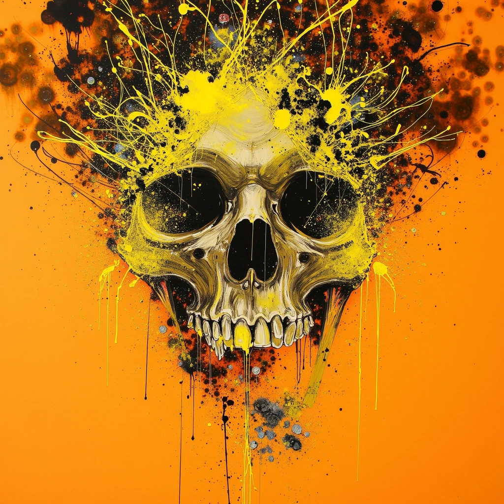 dcho, skull, top half impasto paint explosion, yellow black paint splatter, orange background