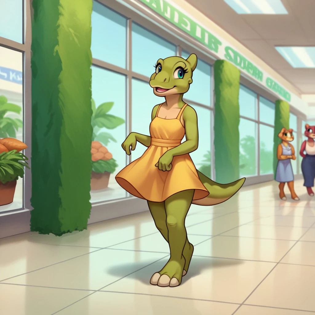 score_9, score_8_up, score_7_up, score_6_up, source_furry, duckylbtv2, young anthro, female, Saurolophus, dinosaur, green skin, digitigrade, sundress,shopping at the mall, <lora:77ce747a-c02c-4f8b-9375-6fa2cb90321e:0.7>