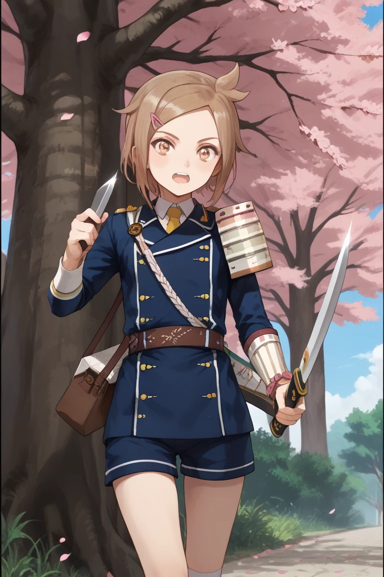 score_9, score_8_up, score_7_up, score_6_up, Houchou toushirou, brown hair, brown eyes, hanamaru style, tantou, short sword, 1boy, male focus, shorts, weapon, messenger bag, sword, uniform, open mouth, military, military uniform, japanese armor, armor, sode, shoulder armor, bag, shoulder bag, solo, black border, tree, petals, hair ornament, hairclip, socks, kneehighs, kote