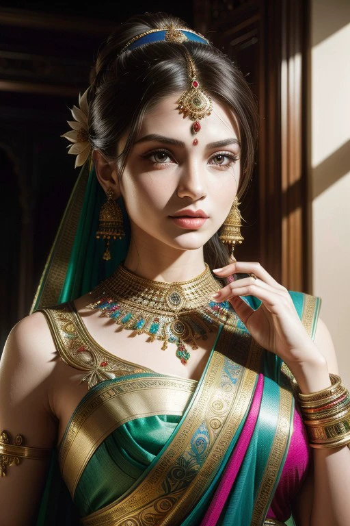 (high quality), (masterpiece), (detailed), 8K, Hyper-realistic portrait of a woman in traditional Indian attire, focusing on her upper body. (Intricate embroidery1.2) and (vibrant colors1.2) adorn her (elegant sari1.2), while (exquisite jewelry1.2) enhances her beauty. (Graceful pose1.2) showcases the (rich cultural heritage1.2) and (timeless elegance1.2) of Indian fashion.