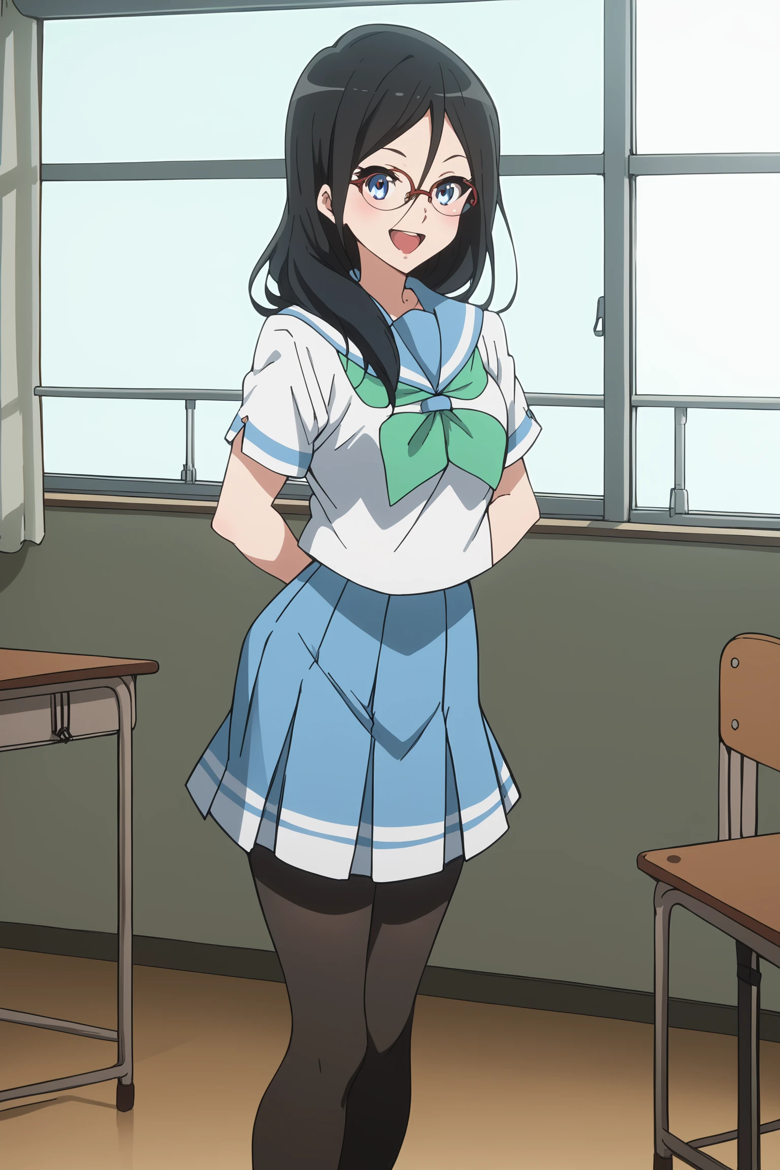 score_9, score_8_up, score_7_up, source_anime, 
in a classroom,
Black hair, long hair, blue eyes, glasses, red-framed eyewear, Asuka blue school uniform, Kitauji High School Uniform, green neckerchief, pantyhose, skirt, serafuku, shoes
 <lora:Asuka_Tanaka:1>1girl, solo, looking at the viewer, full body shot, big smile, mouth open