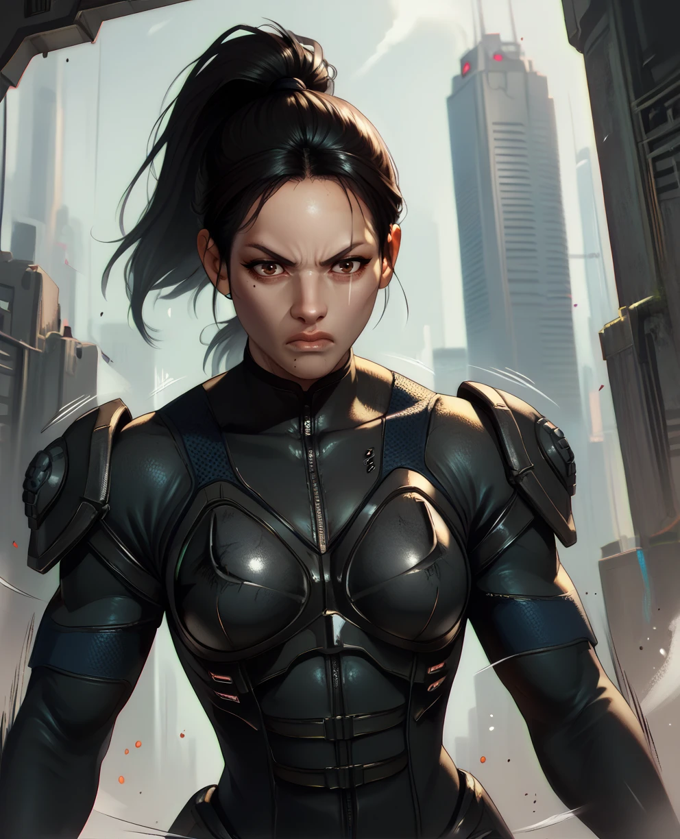 score_9,score_8_up,
fayexl,ponytail,black hair,brown eyes,
black body suit,armor,solo,motion lines,
dynamic angle,rushing,serious,
city,science fiction,s,<lora:fayexl:0.8>,