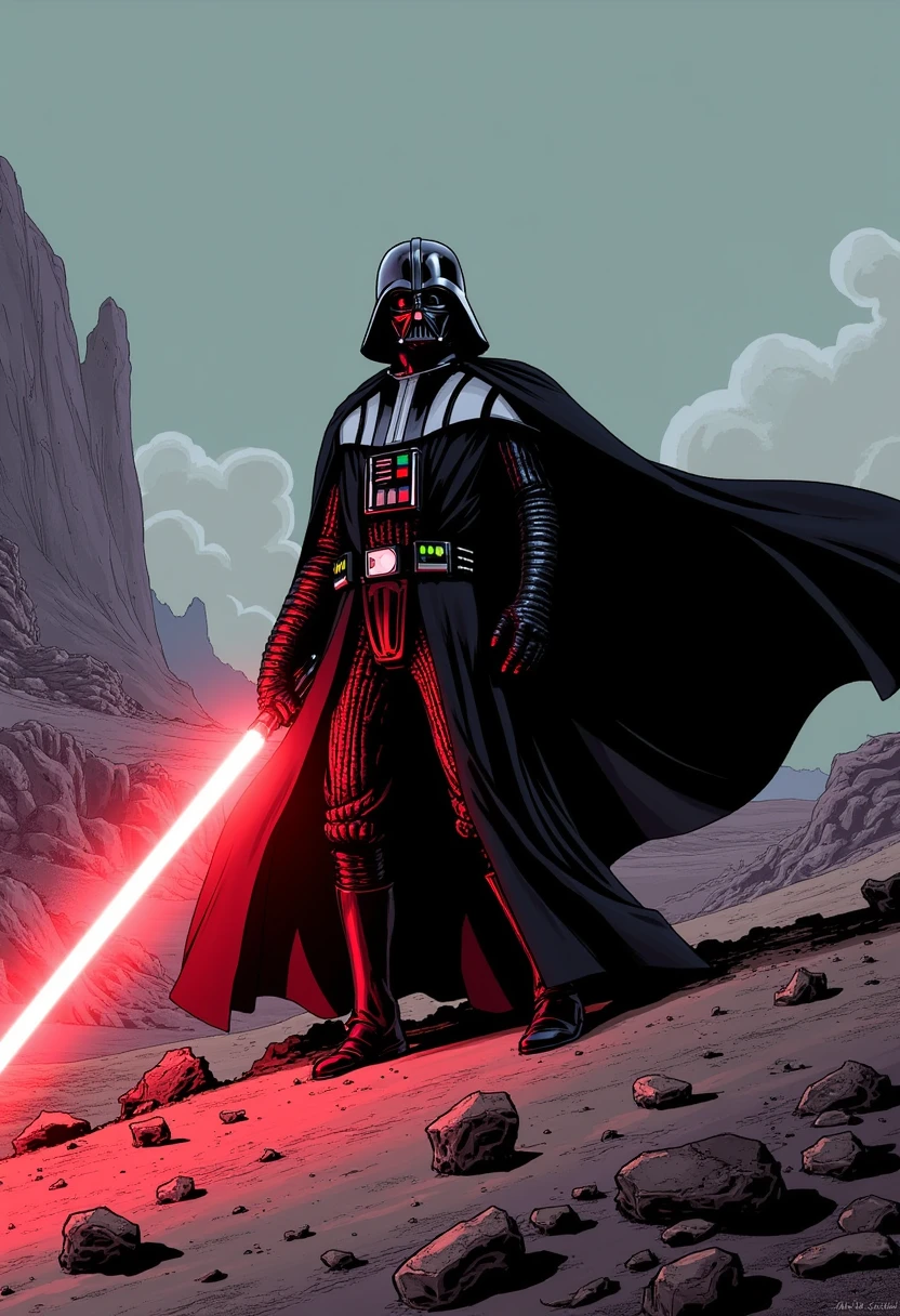 The image is a digital drawing in a comic book style, depicting a dramatic scene from the Star Wars universe. The central figure is Darth Vader, the iconic Sith Lord, standing on a rocky, barren landscape. He is dressed in his signature black armor, complete with a black cape billowing behind him, creating a sense of movement and power. He holds a glowing red lightsaber, which casts an intense light across his face, revealing his menacing helmet and stern expression.