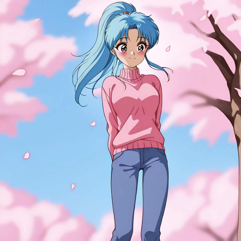 yuyubotan, blue hair, long_hair, ponytail, purple_eyes, parted_bangs, medium breasts, retro_artstyle, 1990s_\(style\), pink_sweater,long_sleeves,jeans, blush, smile,
shiny skin, outdoors, school, day_time, wind, cherry_blossoms, tree,  falling_petals,
<lora:yuyu_botan_Dora_rios_v10:1>