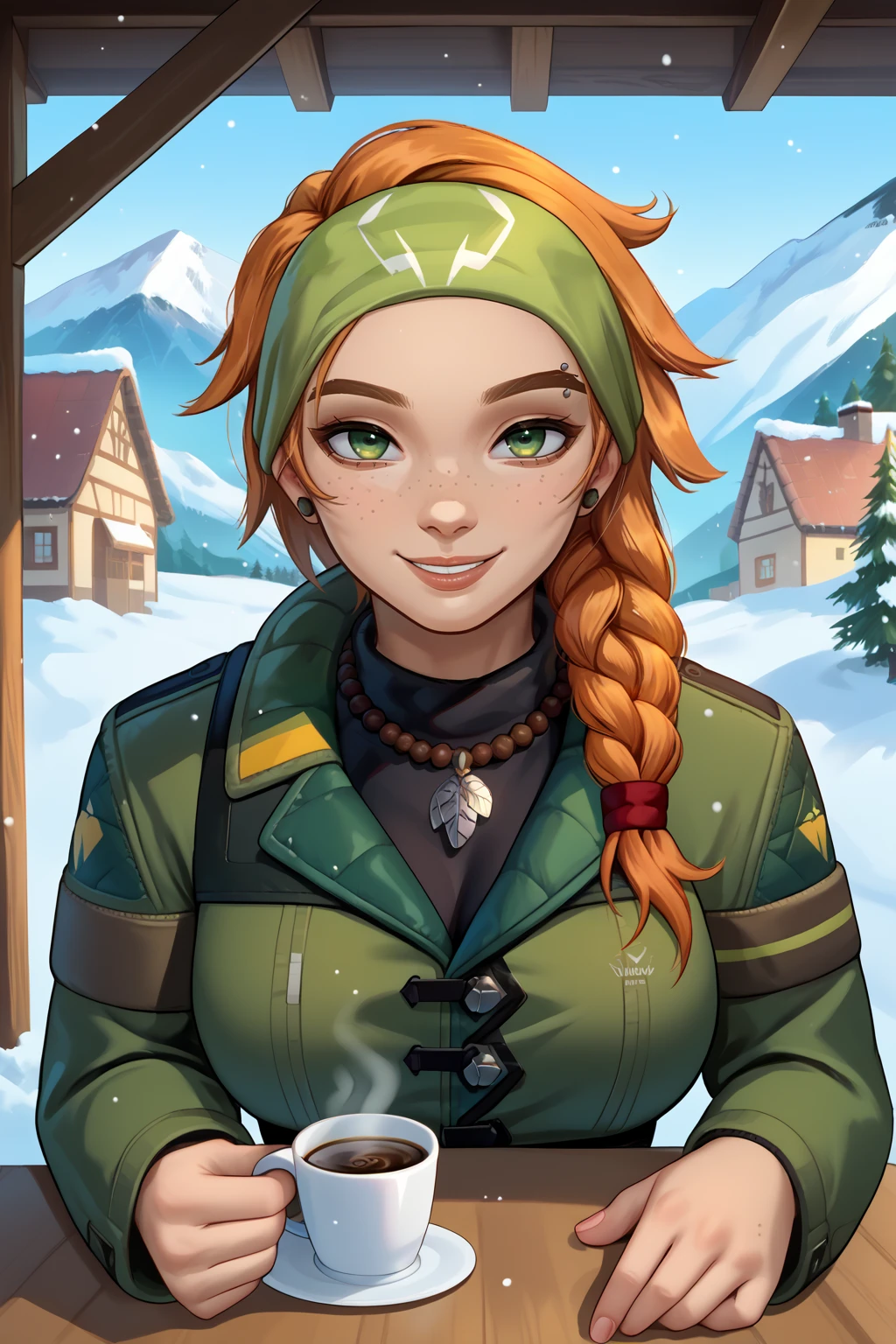 score_9, score_7_up, source_anime, looking at viewer, smile, vsk, toned, large breasts, freckles, orange hair, green eyes, green headband, long hair, braided ponytail, hair over shoulder, necklace, eyebrow piercing, winter clothes, duffel coat, pov across table, outdoors, town, snow, mountain, terrace, table, coffee cup, <lora:Hoseki_Valorant_Skye_PDXL_v1:1>