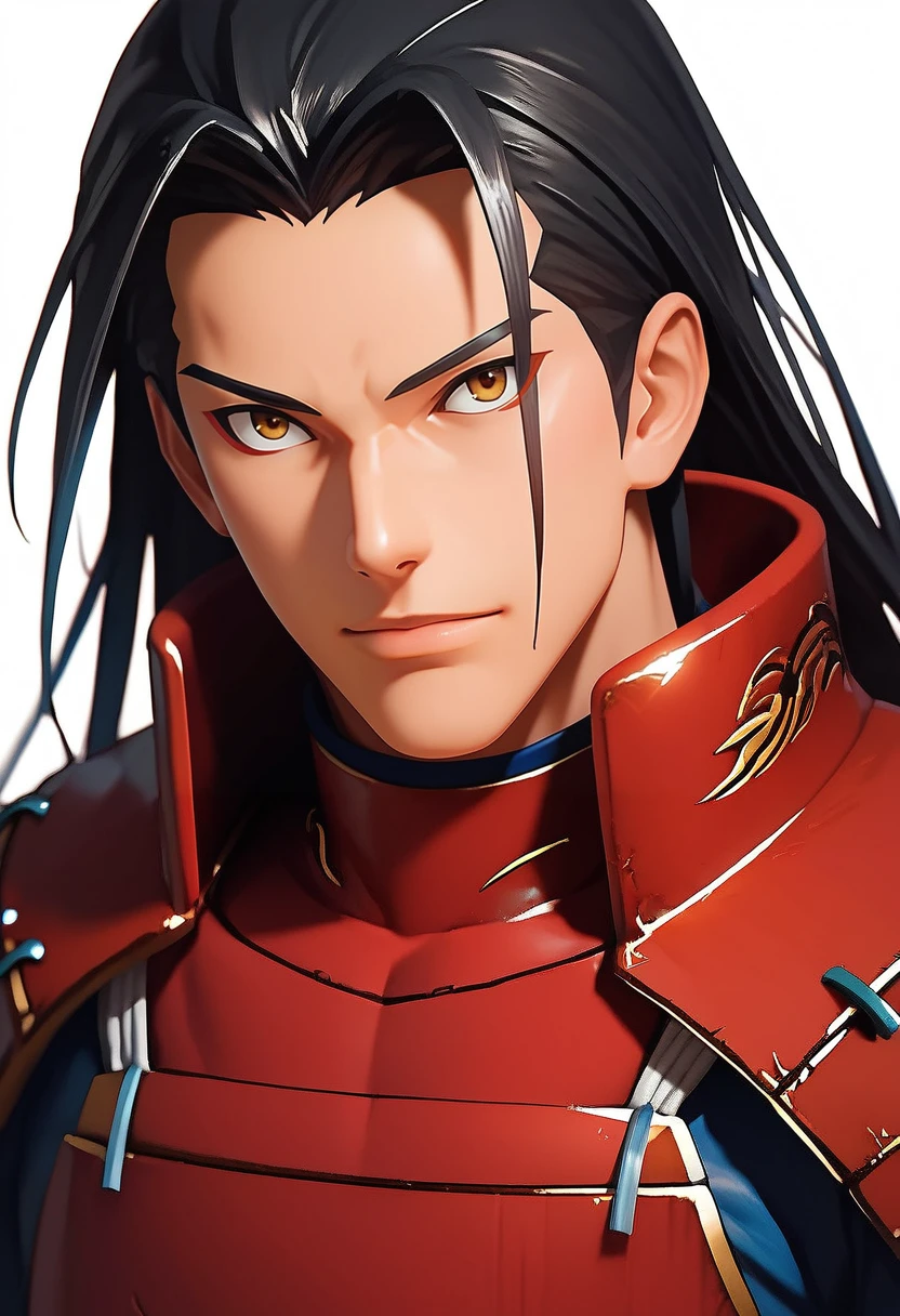 source_anime, (masterpiece), (best quality), score_9, score_8_up, score_7_up, (masterpiece:1.2), (best quality:1.3), 1boy, solo, long hair, black hair, male focus, portrait, facing the viewer, upper body, armor <lora:Hashirama_Senju:0.8> hashirama_shodai, white background, masterful composition, dynamic movement <lora:Anime Style (Vauxz) PONY:0.8>