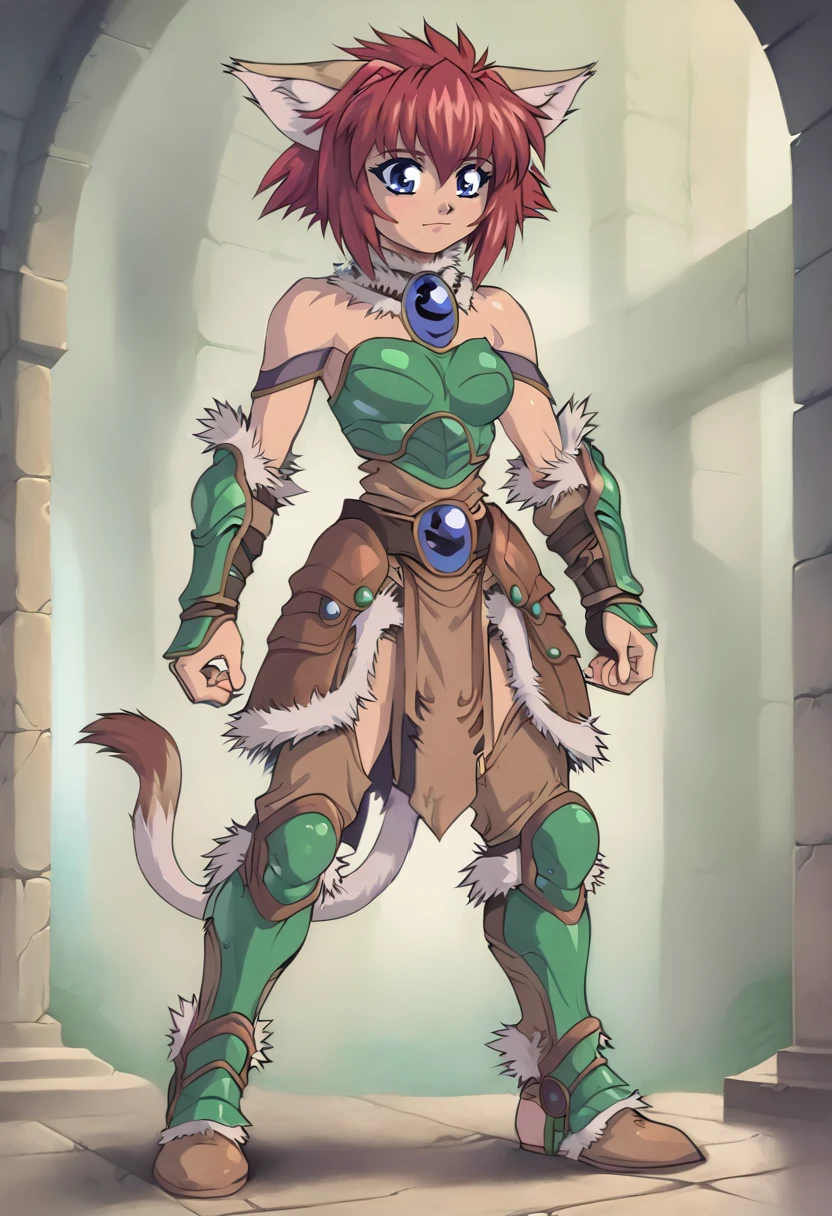 marinbravesoul, 1girl, solo, standing, blue eyes,  full body shot, cat ears, cat tail, red hair, green armor, bare shoulder, brown skirt,  fur chocker,  indoor, fantasy towern, <lora:MarinBraveSoulV2_telr0.0003:0.9>, <lora:CALM_testXL_4image_125steps:0.75>