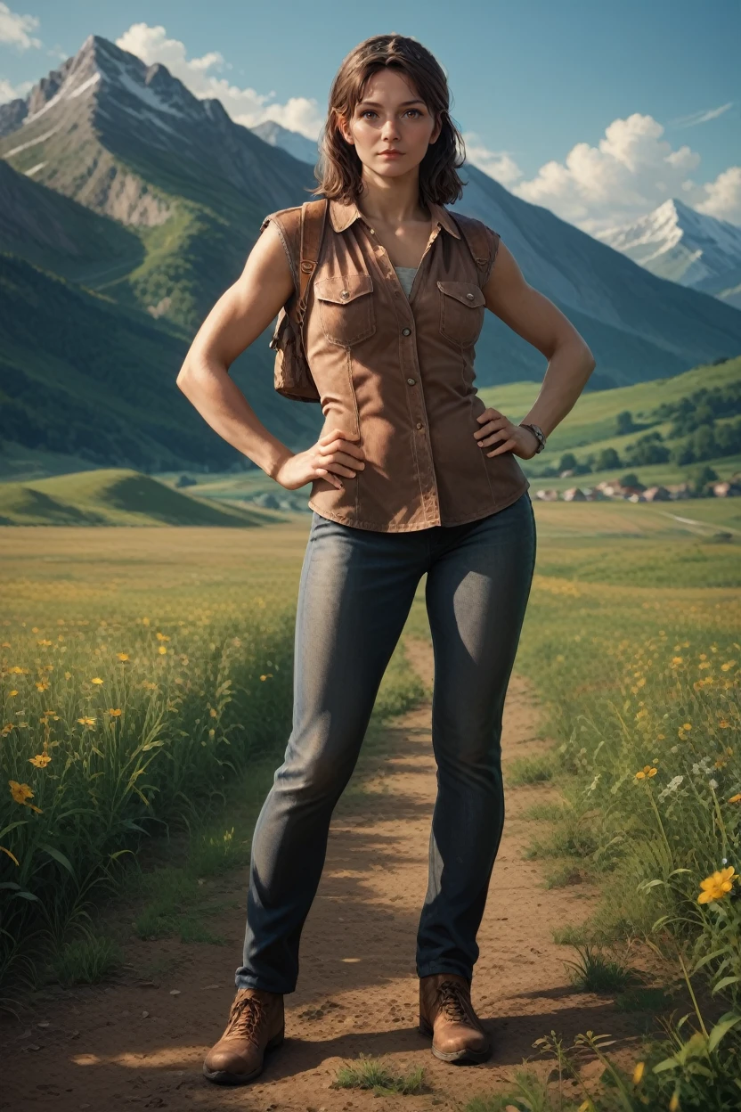 score_9, score_8_up, score_7_up,
<lora:TLOUTess:0.8>
TLOUTess, 1girl, brown hair, brown eyes, looking at viewer, hands on hips, mountains, field, full body