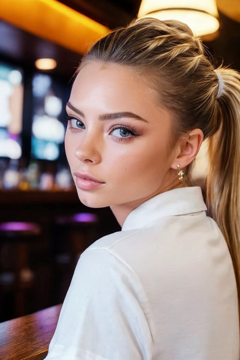 closeup headshot of S570_JoJoAustin,a gorgeous woman,in a (bar),wearing a (shirt),(ponytail),(4k, RAW photo, best quality, 50mm, depth of field, ultra high res:1.1),(intricate, photorealistic, cinematic-shot, masterpiece, ultra-detailed:1.1),