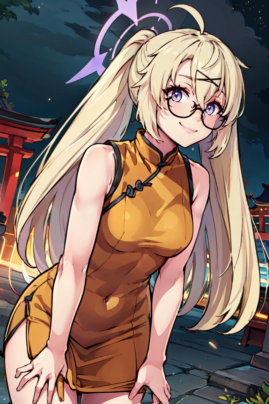 ((masterpiece,best quality)), absurdres,  BREAK, , <lora:Kotama_BlueArchive_Citron:0.8>, , zzKotama, under-rim eyewear, long hair, halo, hair ornament, purple eyes, hairclip, blonde hair, purple halo, hair between eyes, x hair ornament, ponytail, BREAK,  china dress, pelvic curtain, side slit, sleeveless, print dress, covered navel, no panties, outdoors, night, torii, shrine, east asian architecture, leaning forward, hand on own thigh, from above,, BREAK, solo, smile, looking at viewer, cowboy shot,