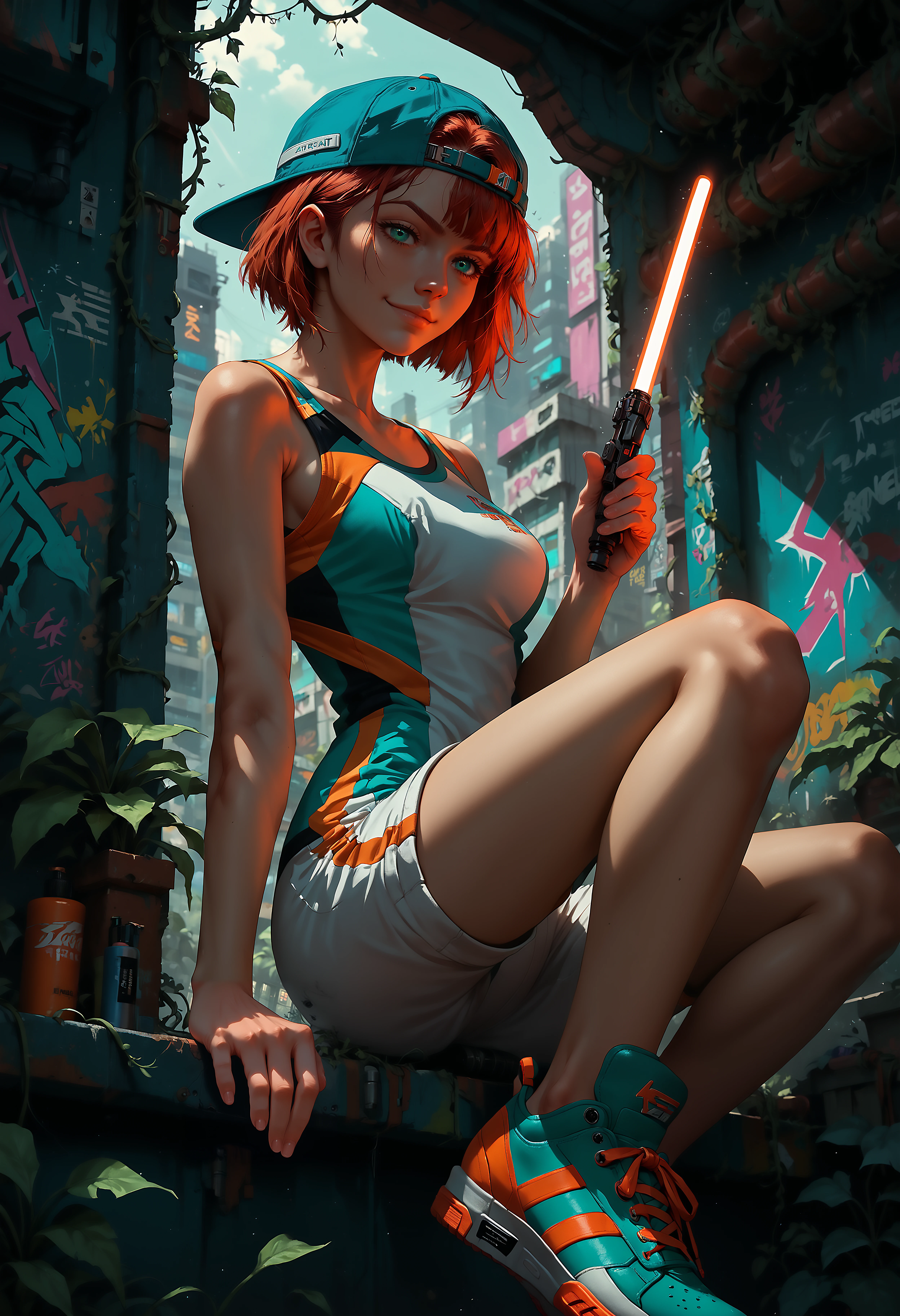 (score_9, score_8_up, score_7_up), source_furry, source_anime, solo, woman, detailed background, 5 fingers, graffiti, spray paint, paint, auburn hair, turquoise backwards hat, short hair, holding, lightsaber, weapon, looking at viewer, close-up, streetwear, orange sleeveless jersey, white shorts, sneakers, smug, closed mouth, dynamic pose, dutch angle, station, plants, vines, abandoned, window, cyberpunk, vibemix <lora:Vibemix_Color_Style_PonyXL:0.7>