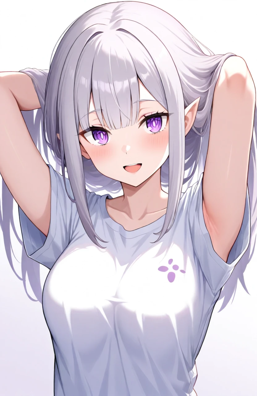 (Score_9,  score_8, score_6, score_7:0.6), masterpiece, best quality, good quality, newest, Emilia, 1girl, hands in hair, purple eyes, pointy ears, white shirt, smile, open mouth, looking at viewer, short sleeves, :d, upper body, grey hair, arms up, medium breasts, collarbone, star \(symbol\), elf, <lora:Illustrious-Emilia-AIO-Dora-V1:1>âââ