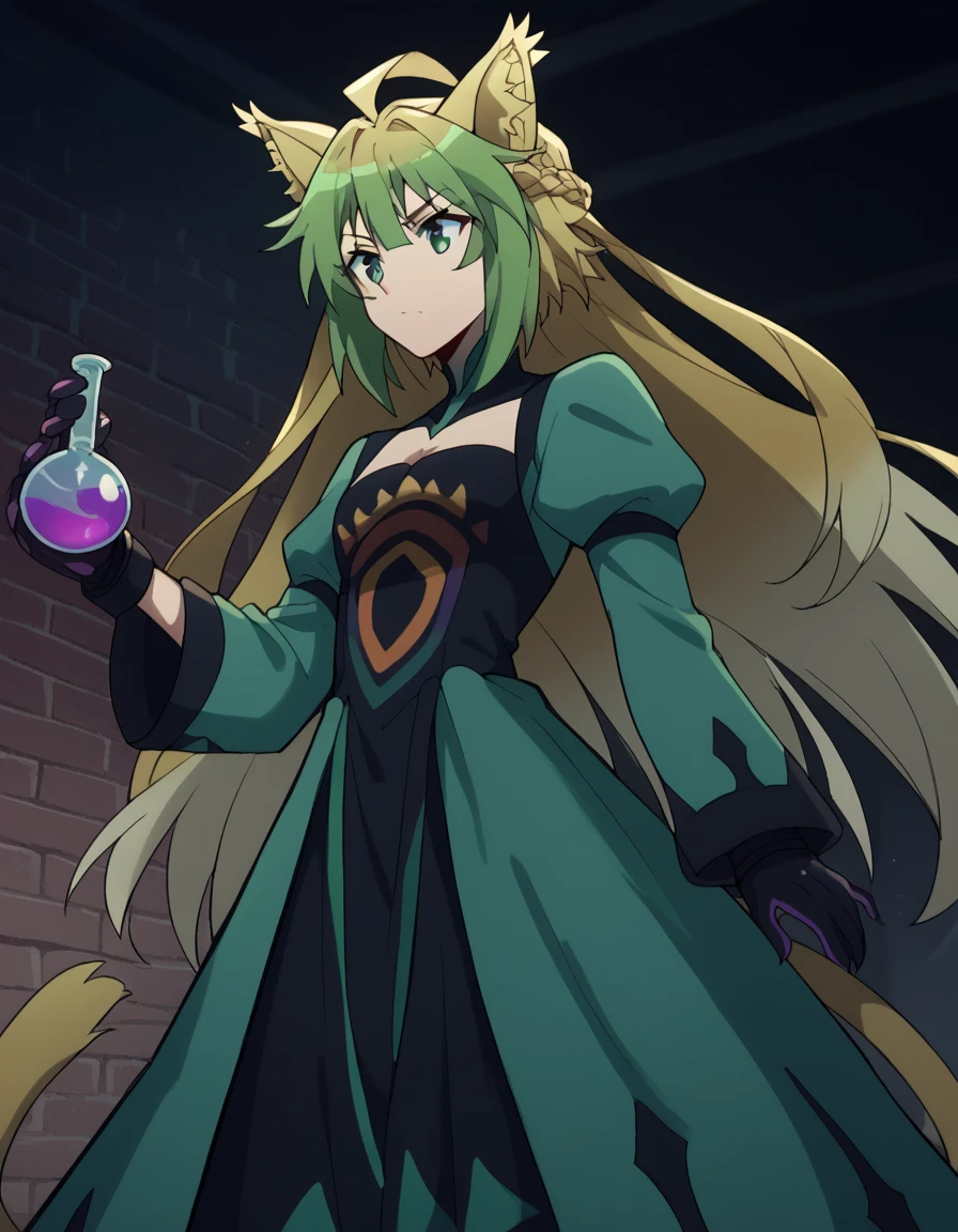 score_9, score_8_up, score_7_up, source_anime, <lora:atalanta-apocrypha-s1-ponyxl-lora-nochekaiser:1>, atalanta, animal ears, blonde hair, cat ears, cat girl, cat tail, green eyes, green hair, hair between eyes, long hair, multicolored hair, tail, medium breasts,, <lora:wizard-ponyxl-lora-nochekaiser:1>, wizard, wizard hat, robe, dress, long sleeves, gloves,, indoors, bricks, potion, flask, vial,, cowboy shot,, , dutch angle, cowboy shot