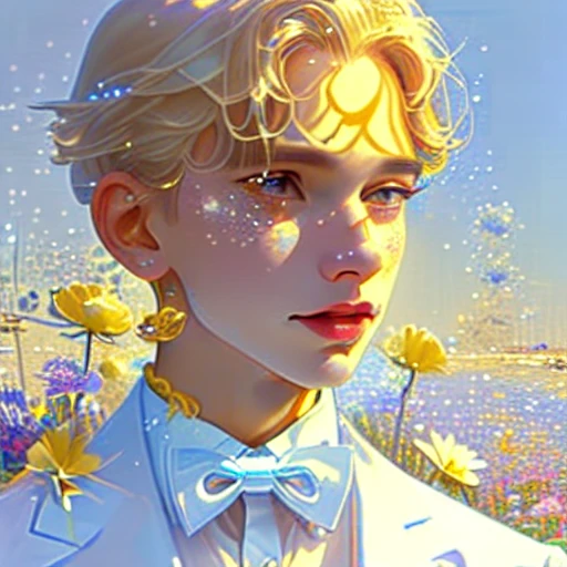 soft glow, slightly submerged in water, white suit, yellow tone, bow tie, detailed eyes, blonde hair, shimmering water, light blue top, posing, glitter eye makeup, floral field in the background, blue sky, golden hour