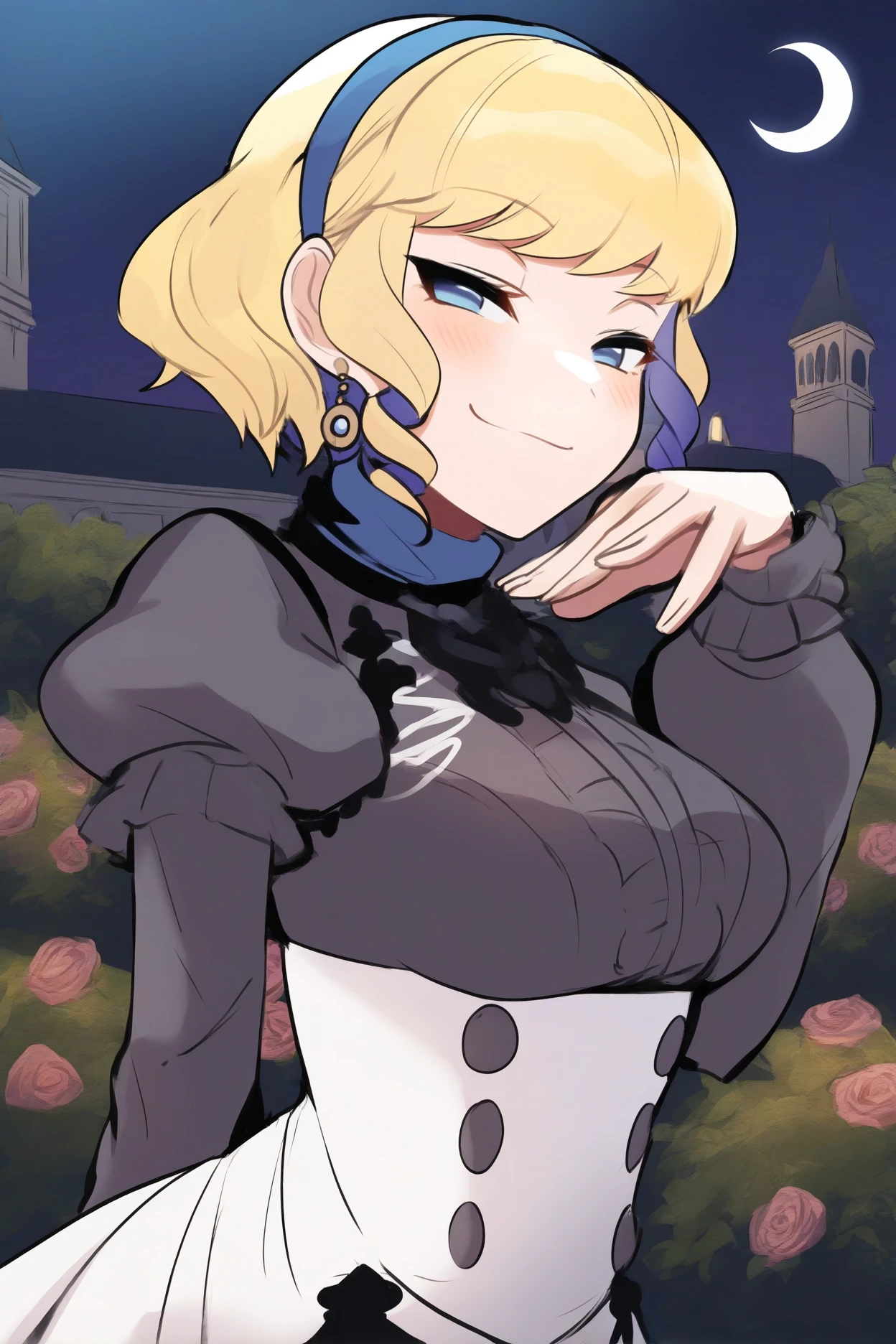 masterpiece, best quality, 1girl, solo,   <lora:feconstance-illu-nvwls-v1-000005:1> dfCon, blonde hair, blue hair, multicolored hair, short hair, blue hairband, earrings, black sleeves, black shirt, puffy sleeves, white skirt, high-waist skirt, medium breasts, looking at viewer, smile, smug, garden, victorian architecture, upper body, night, moon, ojou-sama pose, portrait