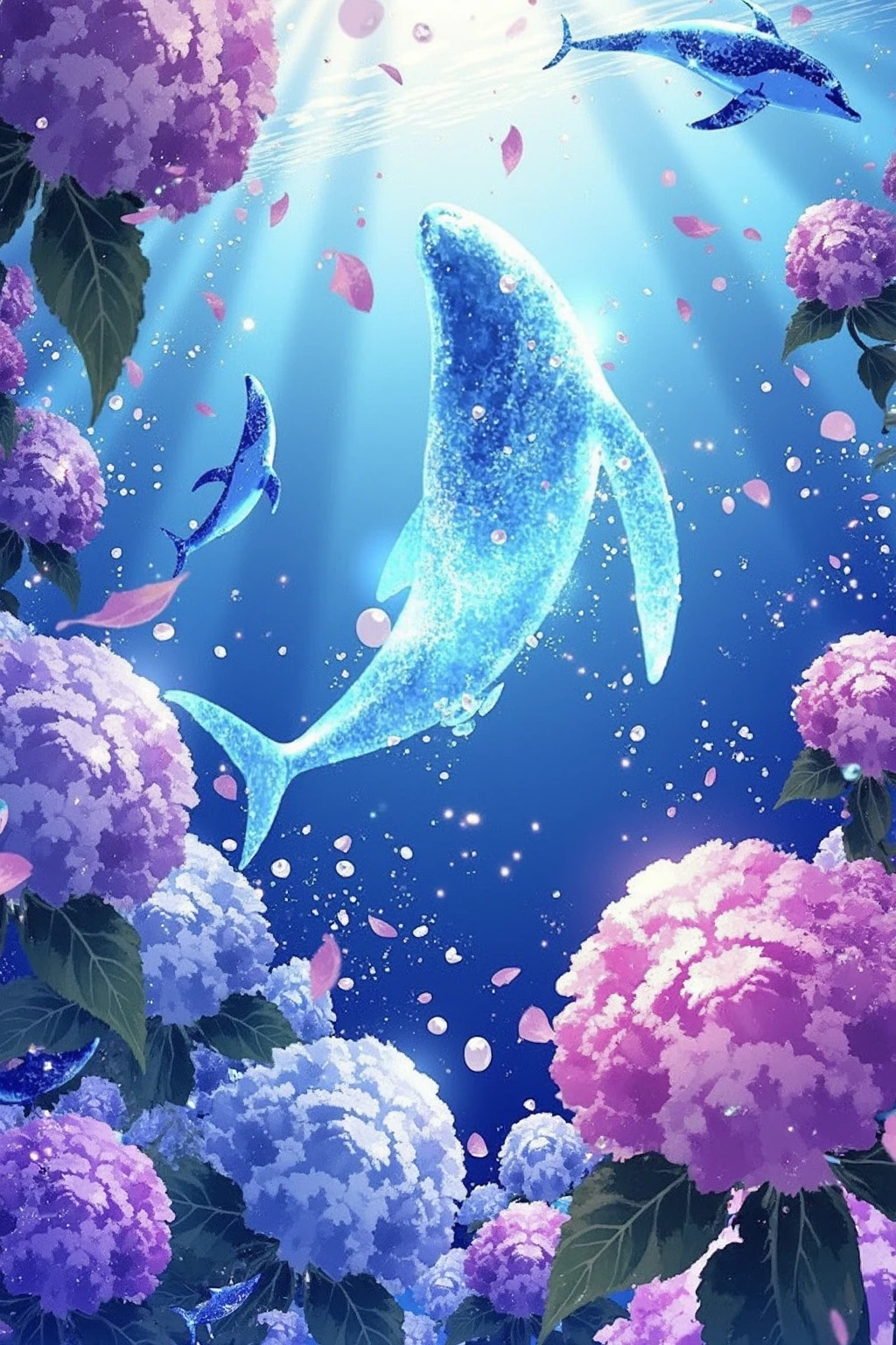 blooming hydrangea flowers, gradient-filled sky transitioning from deep blue at the top to a lighter, almost white at the bottom, creating a serene and dreamlike atmosphere. The dolphins, glowing blue whale swimming through a whimsical, as if interacting with the fantastical elements around her., shaped like a stylized, otherworldly atmosphere. The central focus is a glowing, fluffy appearance.  Several elements are scattered throughout the image
,  <lora:makinaflux_bluedream_v1.0:1>