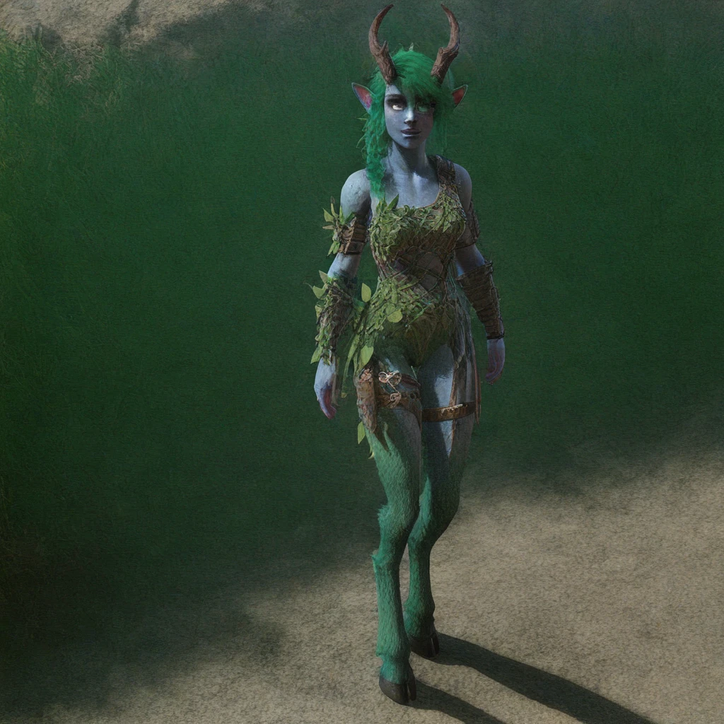 female focus, solo focus, solo, score_9, score_8_up, score_7_up, <lora:KarlachFirstarmorBG3:1> 1 girl, blue skin, dryad, faun, satyr, green hair, horns, KarlachFirstarmorBG3, armor, black laether, straps, laether armor