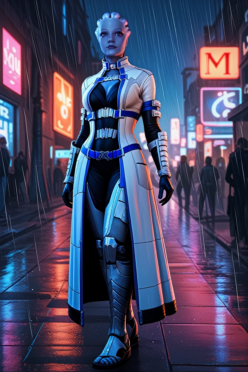 score_9, score_8_up, score_7_up,
<lora:MELiara:0.8>
MELiara, 1girl, blue skin, blue eyes, alien, looking at viewer, standing in the rain on a neon-lit city street at night, full body