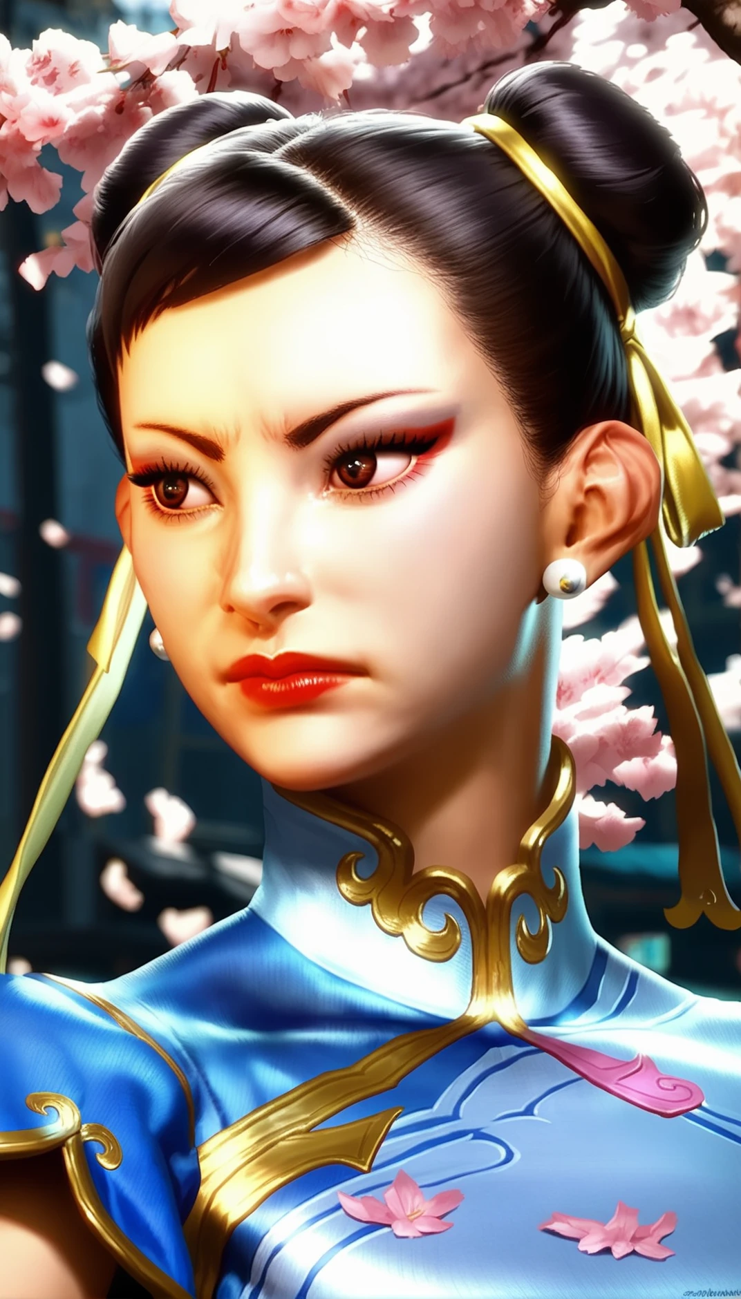 score_9,score_8_up,score_7_up,
<lora:chunli:1>,
sf6chunli,
realistic,
1girl,solo,
black hair,double bun,yellow hair ribbon,pearl earrings,
brown eyes,looking ahead,
light blue qipao,
portrait,face focus,
outdoors,cherry blossoms,