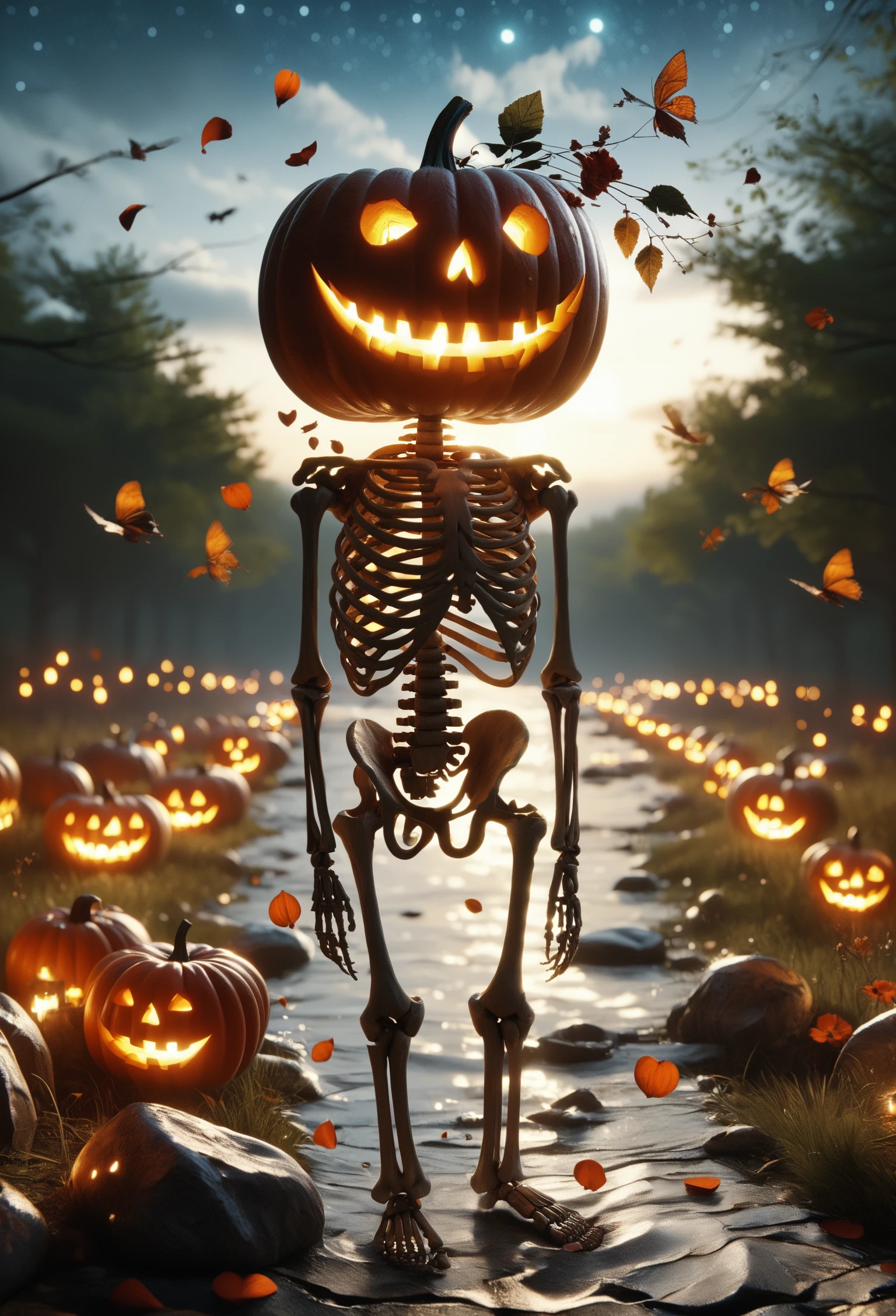 score_9, score_8_up, score_7_up, Skel-o'-lantern, skeleton, jack-o'-lantern, no humans, full_body, standing in dark forest, grass, rock, squirrel in the background, night, moon, clouds, starry sky, falling_petals, dappled_moonlight, glowing eyes, glowing mouth,