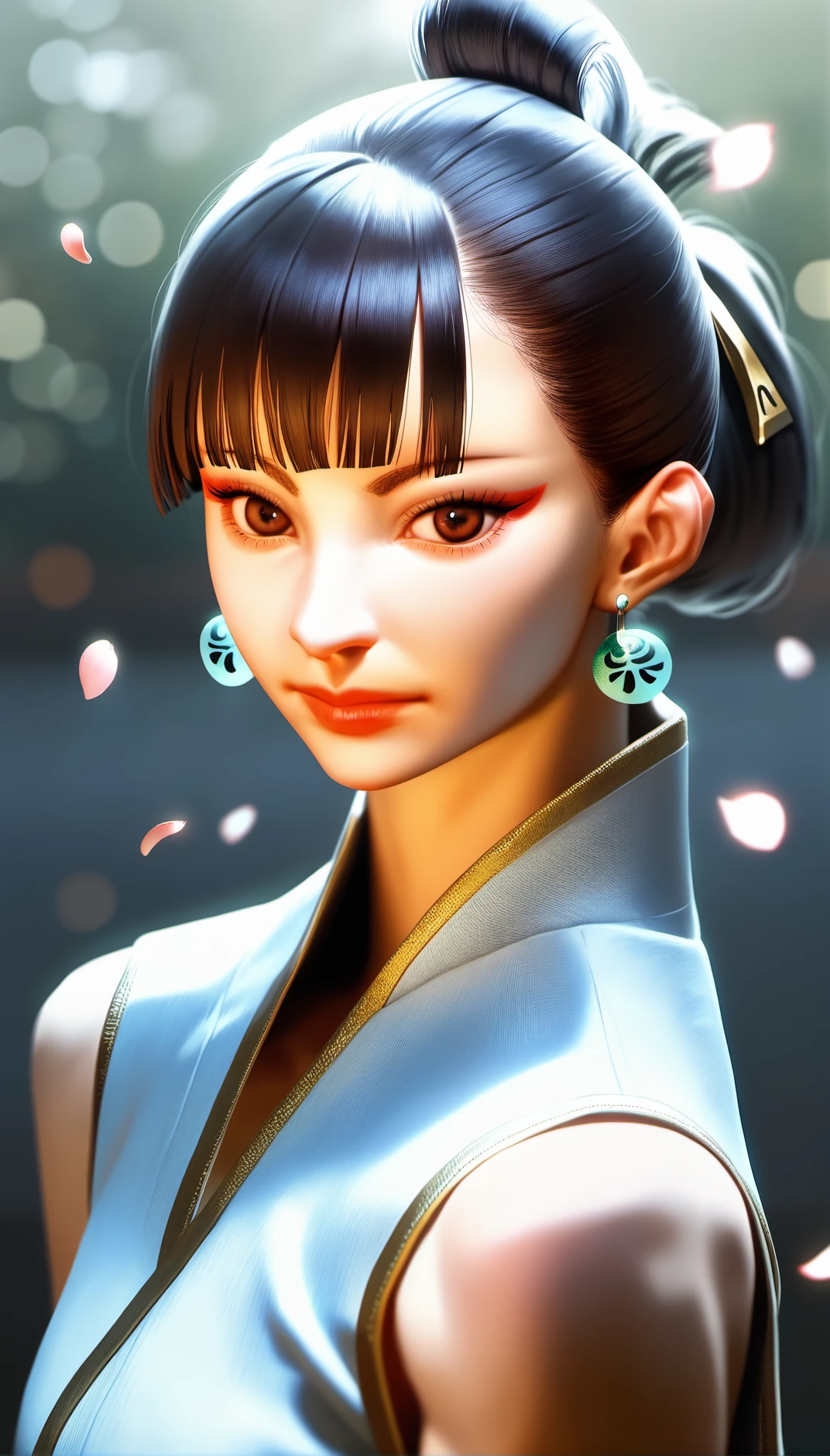 score_9,score_8_up,score_7_up,
<lora:chunli:0.9>,
sf6chunli,
realistic,
 1girl, solo, black hair, long hair, hair bun, bangs, hairclip, green earrings, brown eyes,looking at viewer, long white sleeveless robe, portrait, face focus, 
blurry background,light particles,lens flare,bloom,simple background,falling petals,