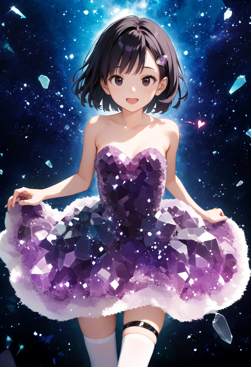 score_9, score_8_up, score_7_up, source_anime, perfect anatomy, ((outlined outlined vector graphics)), ,cute face, ,cute face,simple background,outdoors, starry night,
1girl , solo, 20yo, black hair, black eyes, short bob hair, hair pin,small breast, slender,(white thigh strap:1.1),(black clohtes:1.1),, background,fantasy,,  standing ,  action pose ,glittering, glimmering,  crystal dress, crystal outfit, crystal clothes, amethyst dress, amethyst outfit ,clothed,  ,smile, torogao     ,(bitch:1.0)   ,(ecstacy:0.8)   , (heart:1.2)  ,,   half open eyes  ,  open mouth, pants, no sleeves. <lora:crystal-clothes-001:0.8> <lora:amethyst-outfit-001:1>