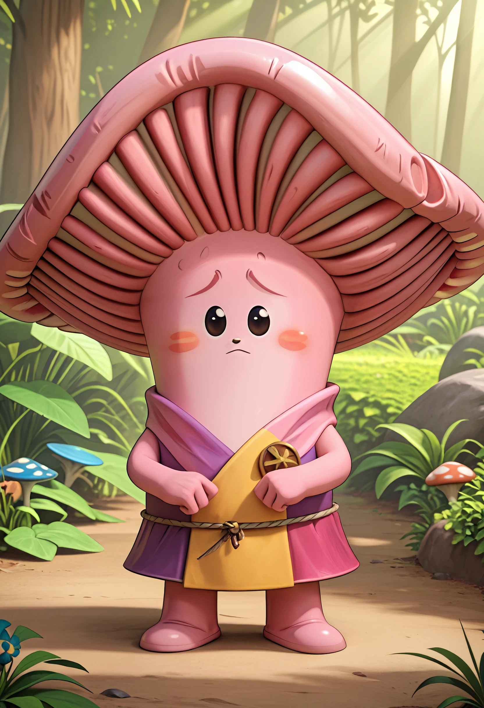 Masterpiece, score_9, score_8_up, score_7_up, mush-mush, ultra detailed, 3D animation style, cute character, anthropomorphic mushroom, pastel pink body, large mushroom cap with vibrant pink gills, rounded, soft body, small black eyes, friendly and shy expression, standing pose, wearing a simple yellow outfit, outdoor setting, bright sunny day, lush greenery in the background, rocks and plants surrounding, whimsical and playful atmosphere, smooth textures, cartoonish proportions, gentle shadows, soft lighting, vibrant colors, fantasy-inspired design, charming and innocent character, peaceful nature setting, relaxed and calm mood <lora:Mush-Mush_and_the_Mushables_-_Style__Pony_V6>