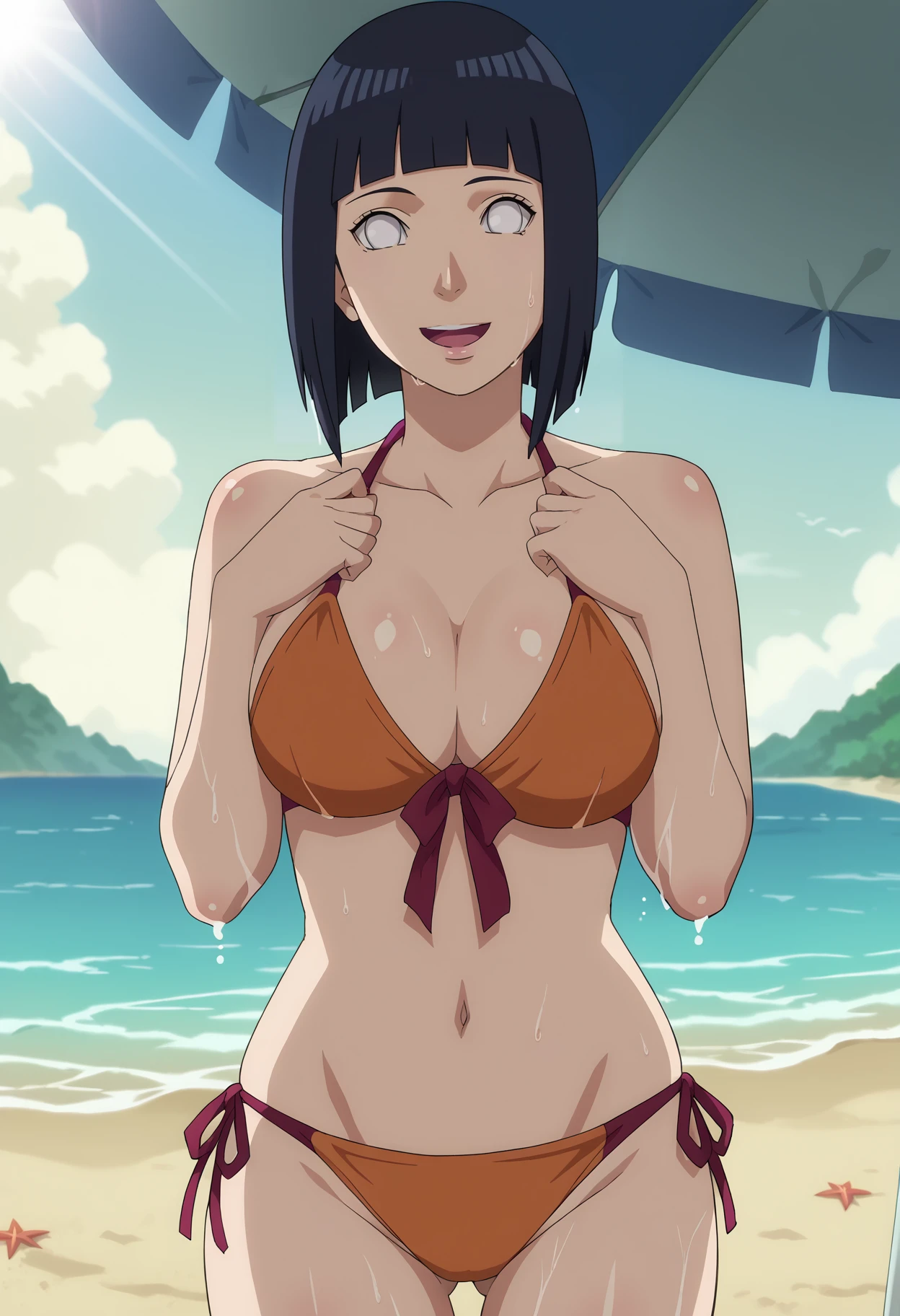 score_9, score_8_up, score_7_up, source_anime,anime screencap,anime coloring,intricate details,
uncensored,
mature female,
hinata, black hair, 1girl, short hair, large breasts, bangs, blunt bangs,white eyes,no pupils,
smile,open mouth, 
sunglasses, bikini, 
sweat,wet, 
cowboy shot, 
perfect anatomy,sidelighting, backlighting,
contrast, 
scenery,outdoors,  Detailed Background, beach, ocean, beach umbrella, beach towel, 
<lora:Hinata Boruto:0.8> <lora:modern_anime_screencap_v1_0:0.8>