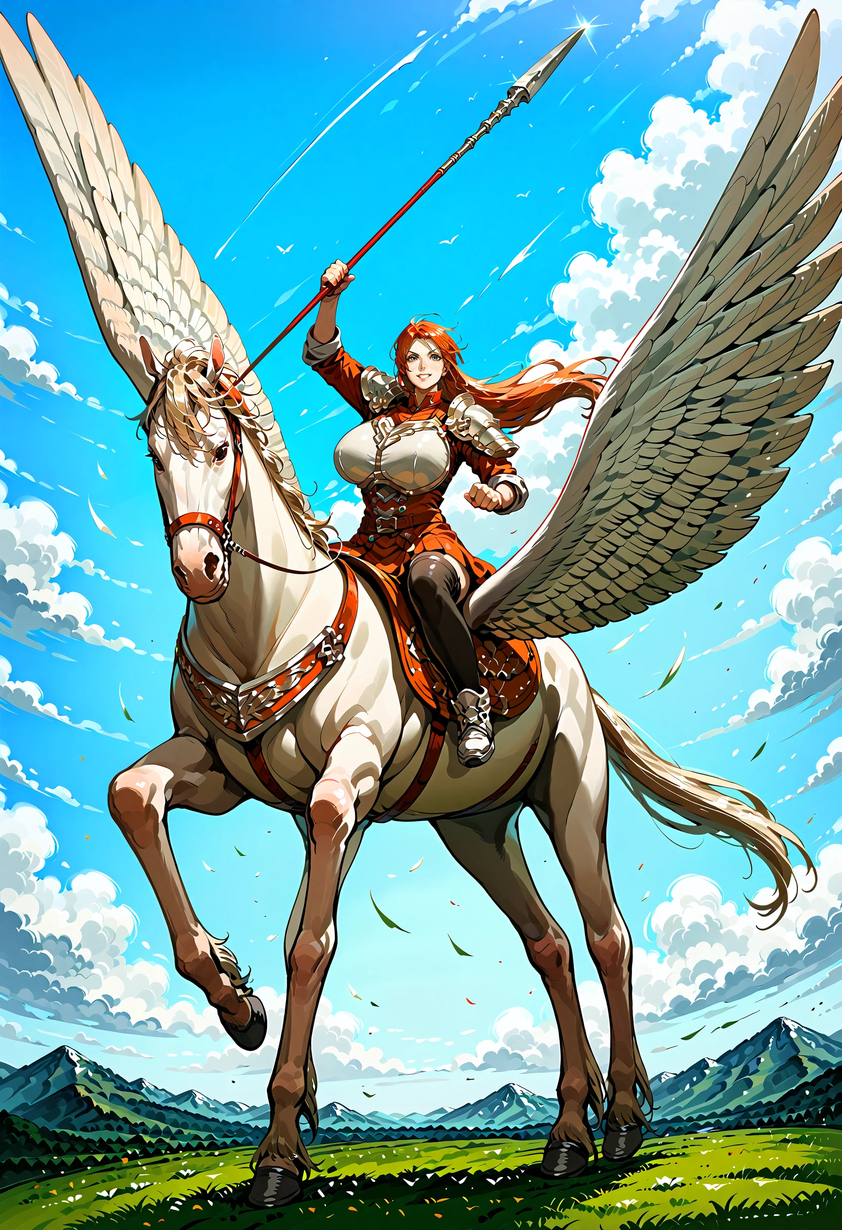 score_9,score_8_up,score_7_up,extreme detailed,full_body,zPDXL3 BREAK sky,flying,1girl,huge breasts,<lora:Pony_DetailV2.0:1>,
pegasus knight,horse,horseback riding,pegasus,long hair,shoulder armor,breastplate,pegasus knight uniform \(fire emblem\),<lora:pegasus knight-v3-pony:0.7>, polearm,holding weapon,smile,fighting stance