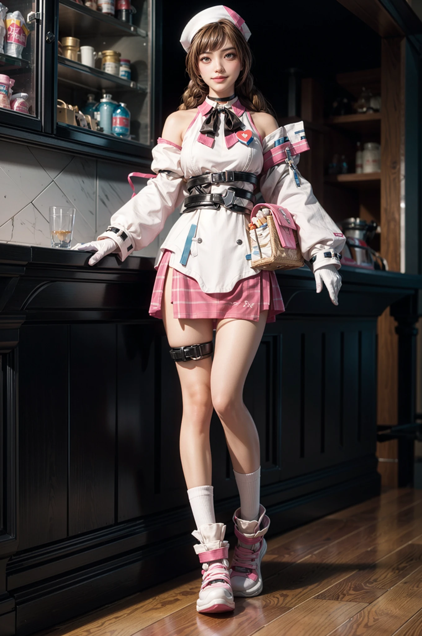 <lora:Yena_Hospital_Resident_AoV_Model_LoRA:0.8>, Yena_HPR, 1girl, solo, long hair, very long hair, braid, brown hair, hat, nurse, nurse cap, white headwear, looking at viewer, pink eyes, lips, smile, closed mouth, choker, neck ribbon, bare shoulders, dress, breasts, medium breasts, long sleeves, gloves, belt, see-through, legs, thighhighs, single thighhigh, socks, shoes, pink footwear
, hospital, computer desk, computer, medicine cabinet, medicine, basket
<lora:add_detail:1>
, ((upper body)), standing, best quality, ultra high res, (photorealistic:1.4), masterpiece, real life skin, hyper real