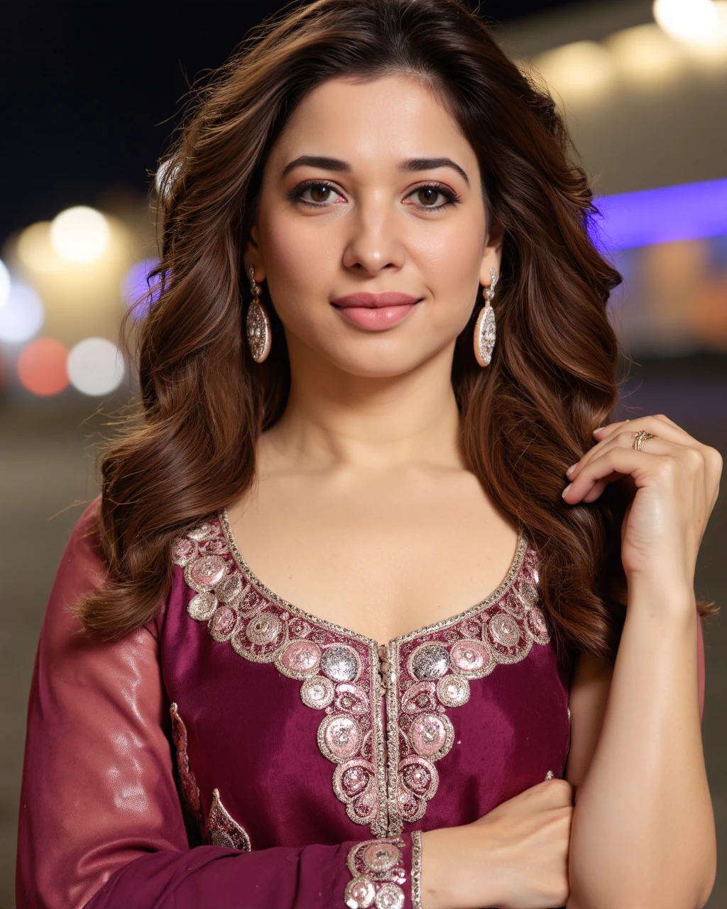 cowboy shot photo of tamannah bhatia woman, glamor photo, shouting face,studio quality, wearing elegant Mauve Punjabi Suit, night time city bokeh<lora:TestBed\Tamannah_Bhatia_Flux_Kohya_V1.safetensors:1.0:1.0>