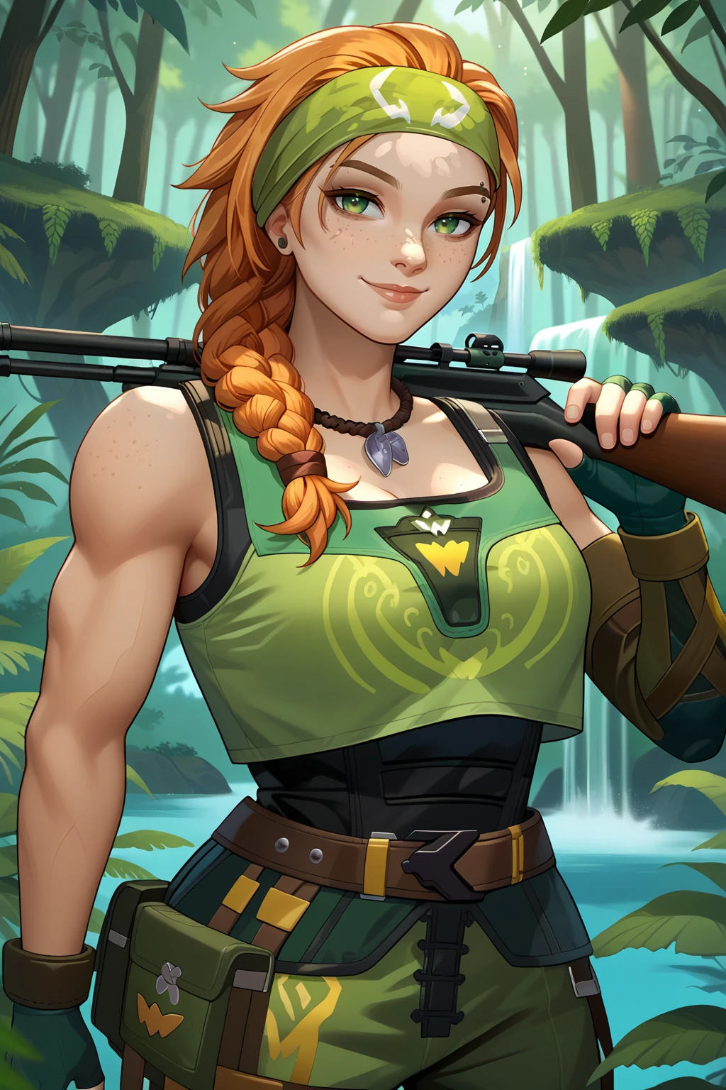 score_9, score_7_up, source_anime, cowboy shot, looking at viewer, smile, vsk, toned, large breasts, freckles, orange hair, green eyes, green headband, long hair, braided ponytail, hair over shoulder, necklace, eyebrow piercing, single arm warmer, green gloves, fingerless gloves, green tank top, black undershirt, bare shoulders, brown belt, multiple thigh straps, belt pouch, green pants, thigh pouch, knee pads, black boots, holding weapon, sniper rifle, weapon over shoulder, outdoors, rainforest, fern, <lora:Hoseki_Valorant_Skye_PDXL_v1:1>