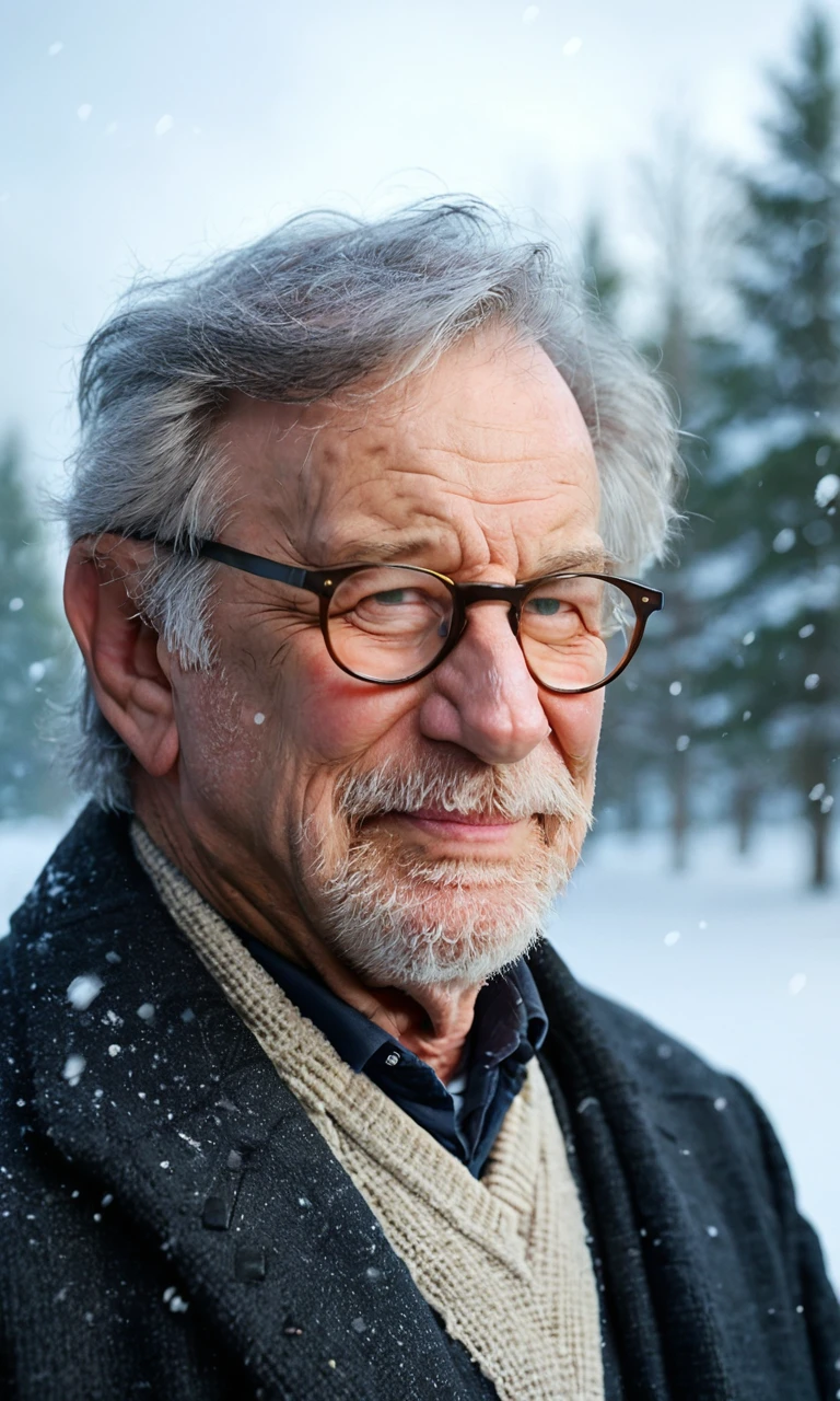 score_9, score_8_up, score_7_up, source_photo, (photography, realistic:1.2),1boy,spielberg,grey hair,glasses,solo,old,old man,black coat,sweater,upper_body,outdoor,winter,falling_snow