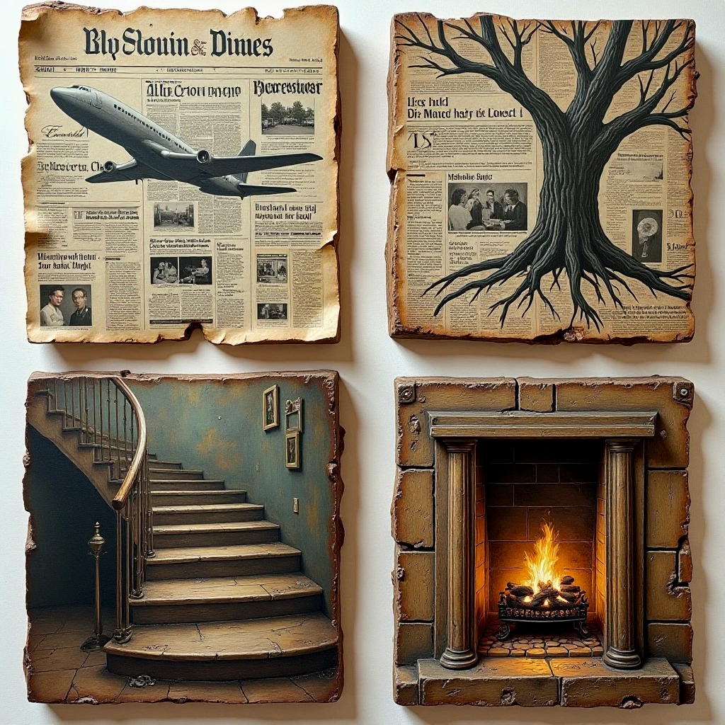 4 paintings, separated by rough-hewn timber

Newspaper, headlines, plane, tree, staircase, fireplace.

qdrltyCE style
