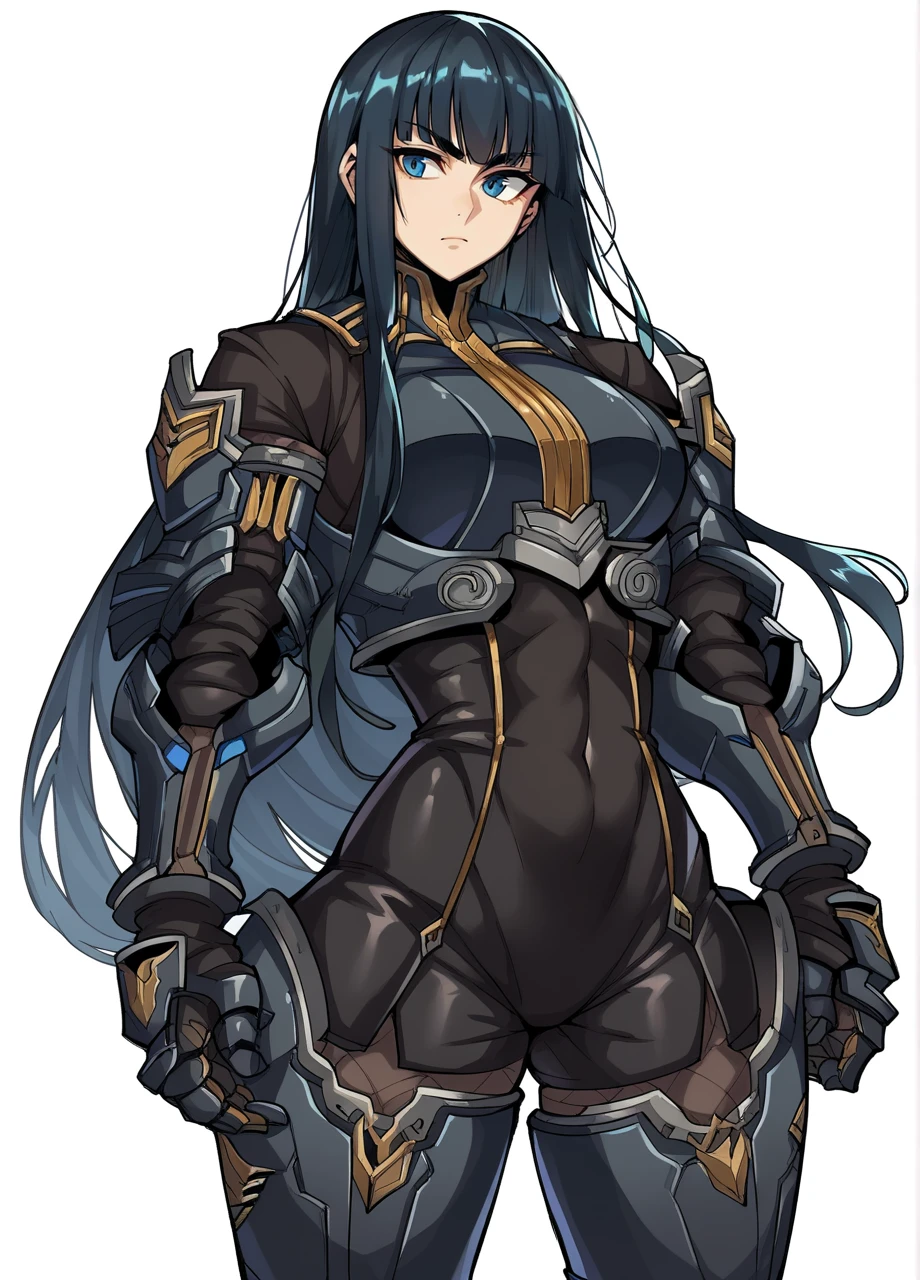 kiryuuin satsuki:0.5, very long hair, bangs, solo, (YHA), armored sleeves, black armor, breastplate, unitard, fishnets, armored legwear, cowboy shot, white background  <lora:Nier_HeavyArmor-PONY:1>, score_8_up, score_7_up, score_6_up, score_5_up, score_4_up,