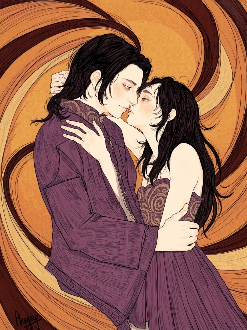 The image is a digital drawing in a stylized, surreal art style, featuring two figures in an intimate, tender moment. The background is a swirling, abstract pattern of warm, earthy tones with hints of gold and brown, giving an ethereal, dreamlike quality to the scene.

The figure on the left is a man with pale skin and long, dark hair slicked back. He has a slender, almost androgynous build and is dressed in a purple, intricately patterned robe.