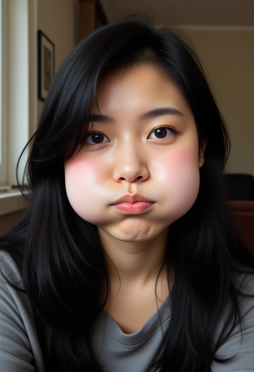 A real life photo of a woman with puffedoutcheeks. The woman is American. Her cheeks are puffed out, round and full of air. Her lips are puckered. She has black hair. Light reflects off of her puffedupcheeks. The indoors is in the background of the woman. The photo is an upper body shot.