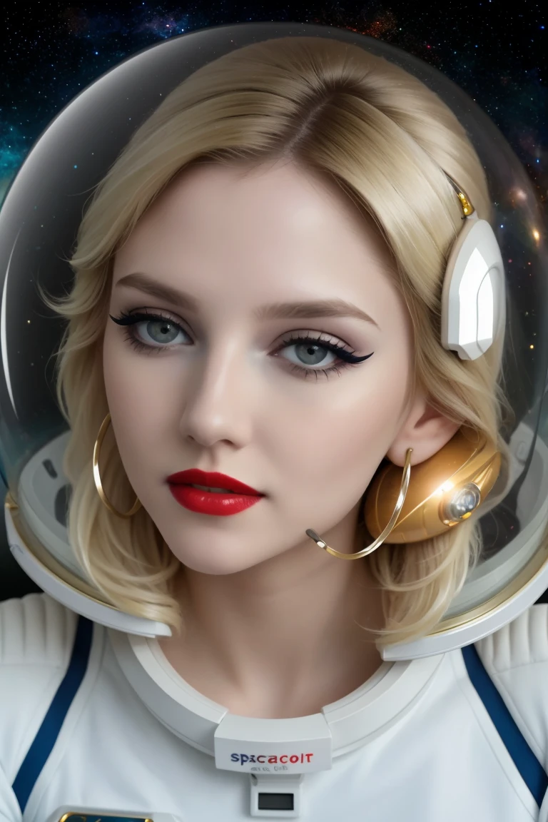 <lora:blondbunny:0.6>, blondbunny, ((blonde hair)), , 1girl, solo, hoop earrings, bracelets, beautiful photograph, dreamy, surreal, trending, art deco, , a photo of a woman, ((detailed eyes, detailed face, award winning, high resolution, masterpiece, best quality, extremely detailed)), (red lipstick, eye shadow, eyeliner, pale skin), ((outer space, stars, spacesuit, spaceship)), helmet, floating, ((modest, conservative)), earth, gloves