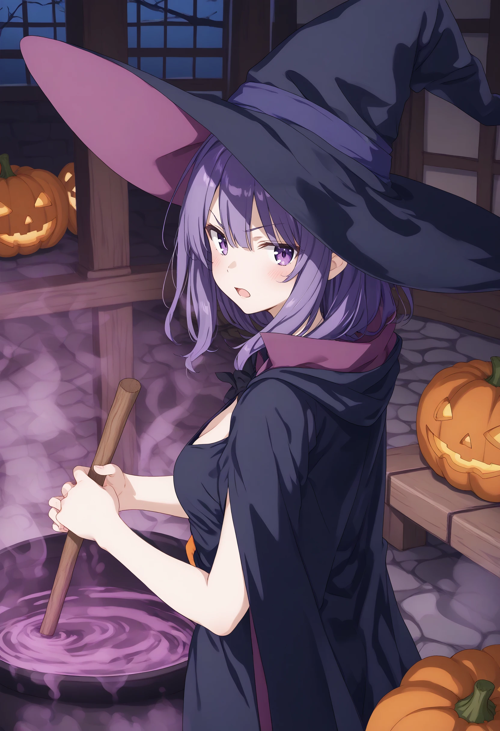 (masterpiece:0.7), (best quality:1.1),
(by sincos:0.5),(by ningen mame:0.5),(by toosaka asagi:0.5),
1girl,solo,medium breasts,
stirring, cauldron, holding, witch hat, standing, witch, indoors, fire, staff , halloween ,jack-o'-lantern,halloween costume, cape,night, <lora:stirring_Pony_v1:0.8>
from behind, fisheye lens, looking back, purple hair, purple eyes,determined, in misty onsen, open mouth, single hair,