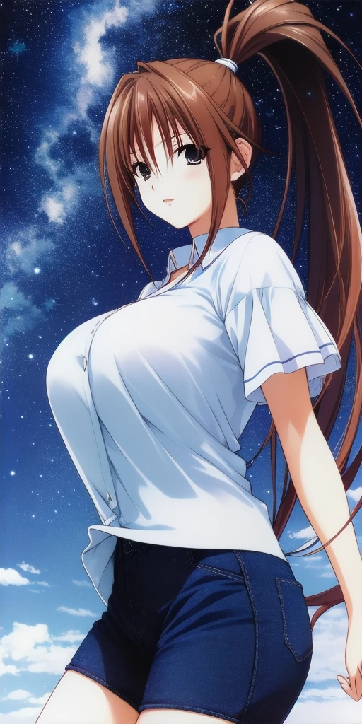 <lora:SatsukiV3:0.7> kitaooji_satsuki_high_ponytail, huge_breasts, standing, solo, arms_behind_back, starry_sky, pantyshot,, masterpiece, best_quality, detailed_face, detailed_eyes, highres, beautiful, detailed, absurdres,