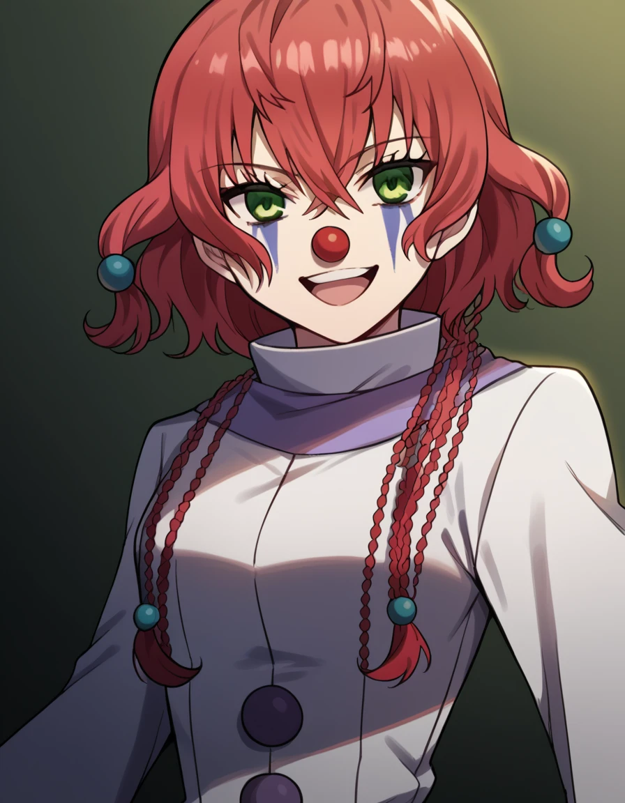 score_9, score_8_up, score_7_up, source_anime, <lora:takiko-souma-s1-ponyxl-lora-nochekaiser:1>, takiko souma, short hair, green eyes, braid, red hair, medium breasts, hair ornament,, <lora:clown-ponyxl-lora-nochekaiser:1>, clown, makeup, clown nose, facepaint, gloves, long sleeves, frills, dress,, smile, open mouth, smug, , dutch angle, cowboy shot