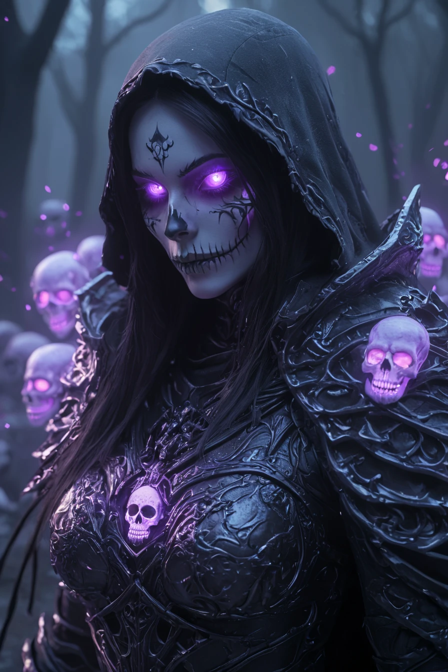 A cinematic shot of a beautiful and evil black hooded female necromancer, beautiful face features and black long hair, wearing skull armor, summoning purple glowing skeletons around her, glowing skulls, magical effects, cemetary in background, hkdeath. Rendered in the style of Unreal Engine, with a cinematic, hyper-realistic style.