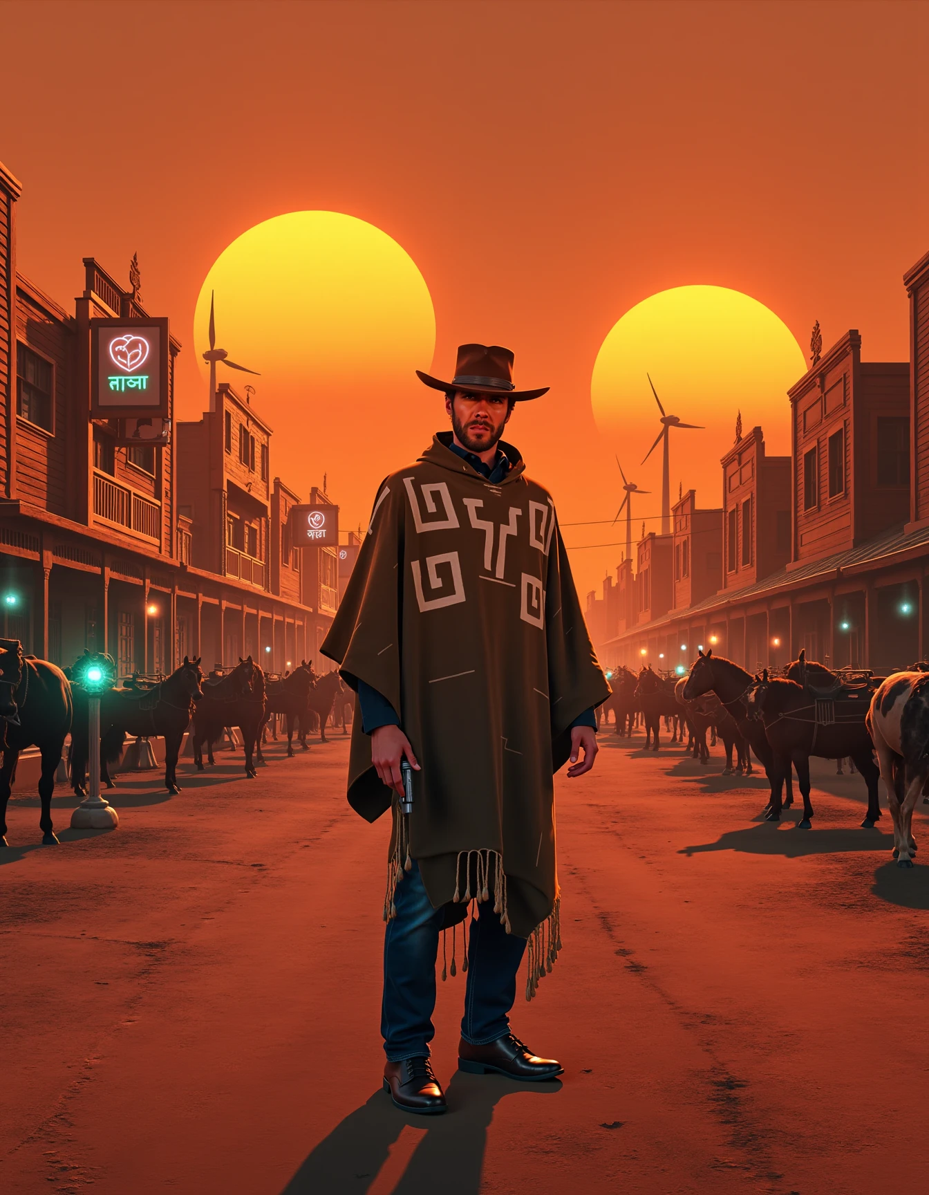 an upper body image of A lone manwithnoname stands tall in the foreground, He wears a a poncho and a hat. His hand hovers near a sleek, high-tech revolver at his hip. The background is a blend of old and newâa Western town with wooden saloons and neon-lit signs, futuristic hover wagons parked beside old-fashioned horses tied to glowing posts. The dusty streets reflect the orange glow of twin suns setting on the horizon, while metallic wind turbines spin in the distance. The scene captures the fusion of classic cowboy elements and advanced technology.
<lora:manWithNoNameFlux:1>,